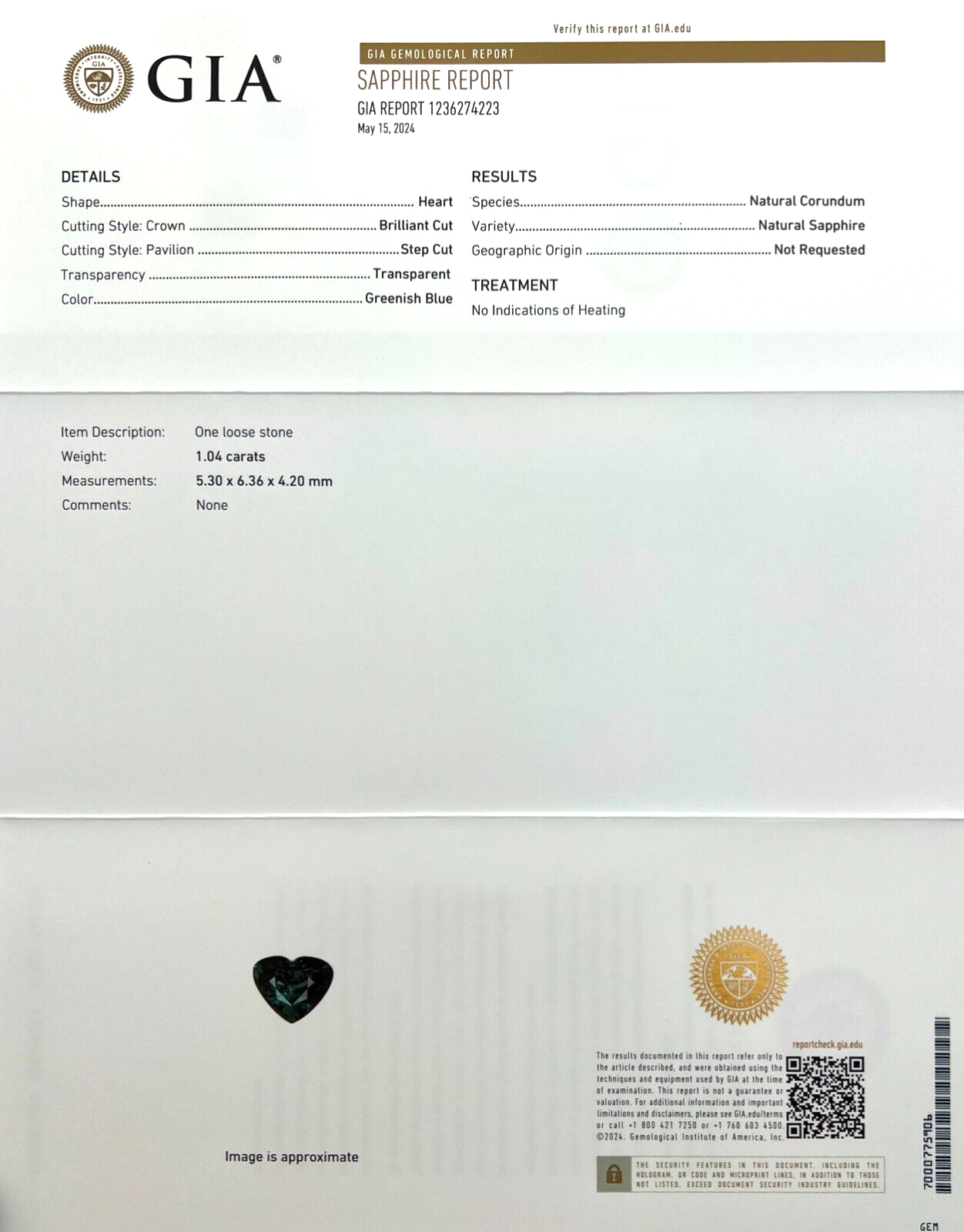 NATURAL 1.04ct Sapphire Untreated Heart Cut Green Blue GIA CERTIFIED NO HEAT Gem — view 3