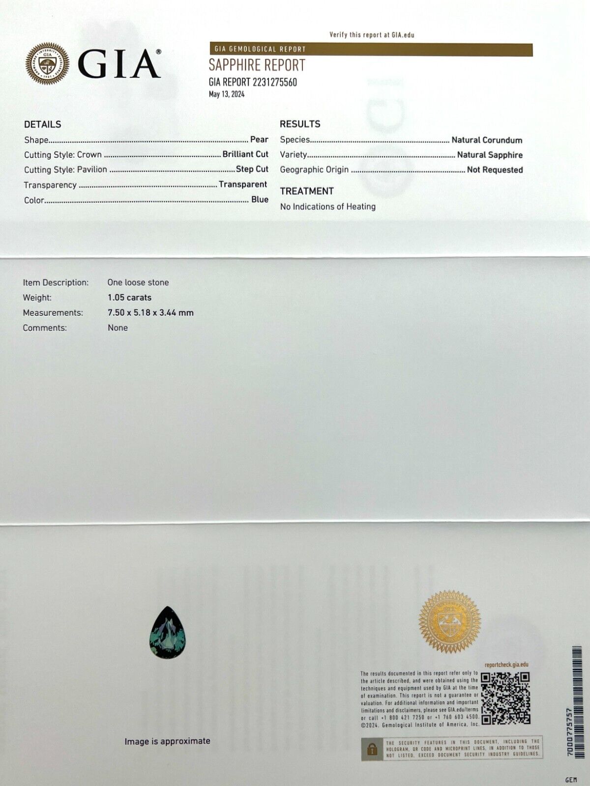 GIA CERTIFIED 1.05ct Unique Vivid Blue UNTREATED Sapphire Pear Teardrop Cut — view 3