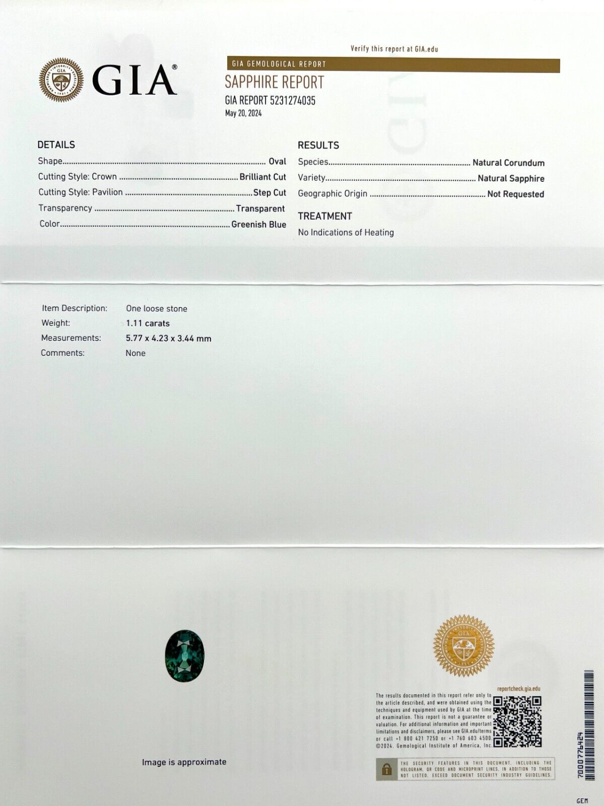 GIA CERTIFIED 1.11ct UNHEATED Deep Green Blue Sapphire Oval Cut Untreated Gem — view 3