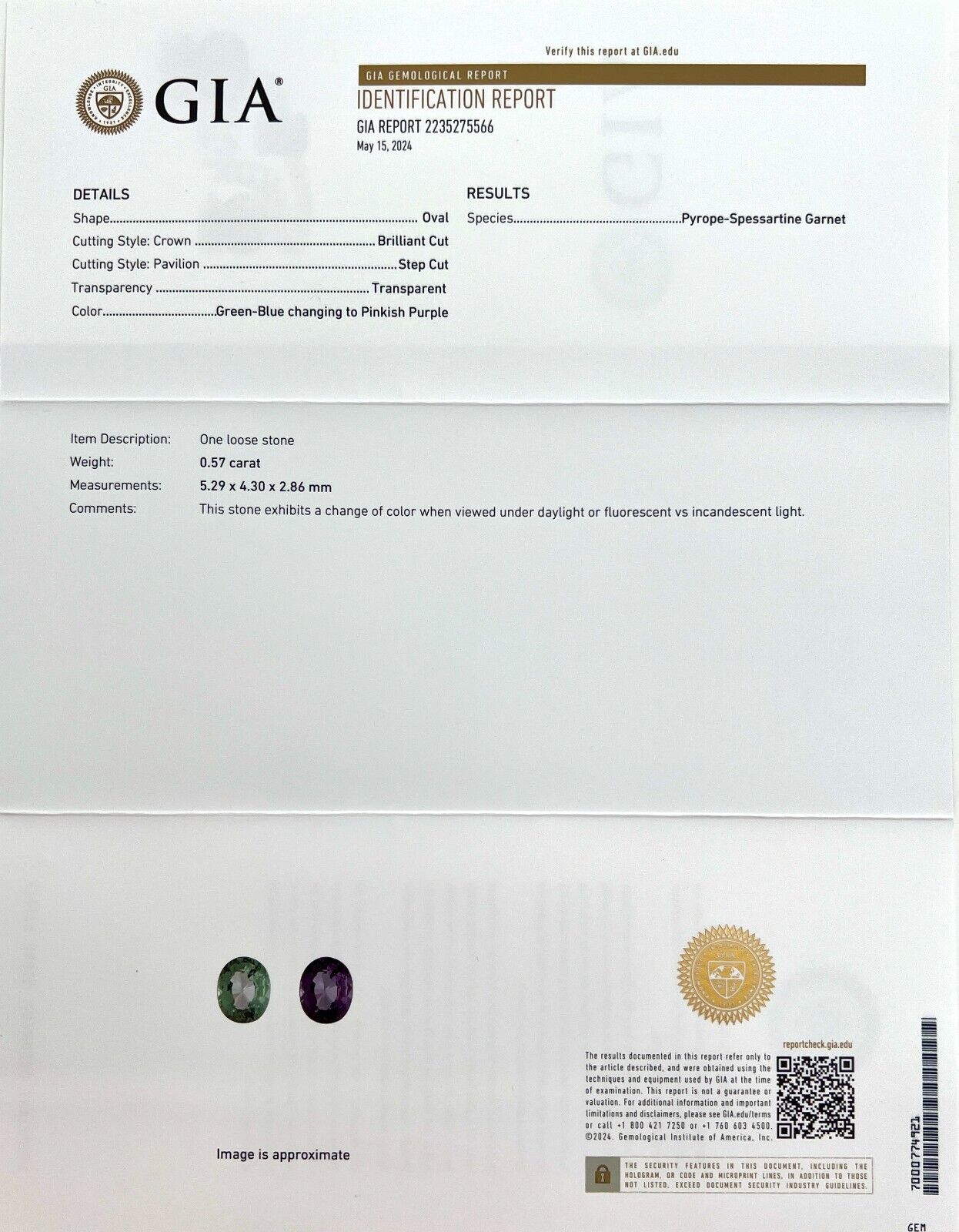 GIA CERTIFIED Rare NATURAL Colour Change Garnet 0.57ct Green Purple Oval Cut Gem — view 5