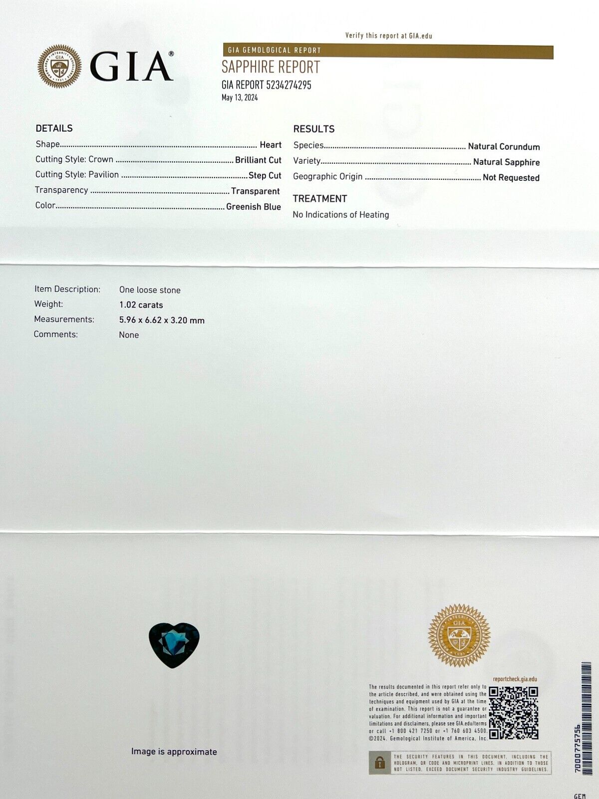 GIA CERTIFIED Natural 1.02ct Untreated Green Blue Sapphire 5.9x6.6mm Heart Cut — view 2
