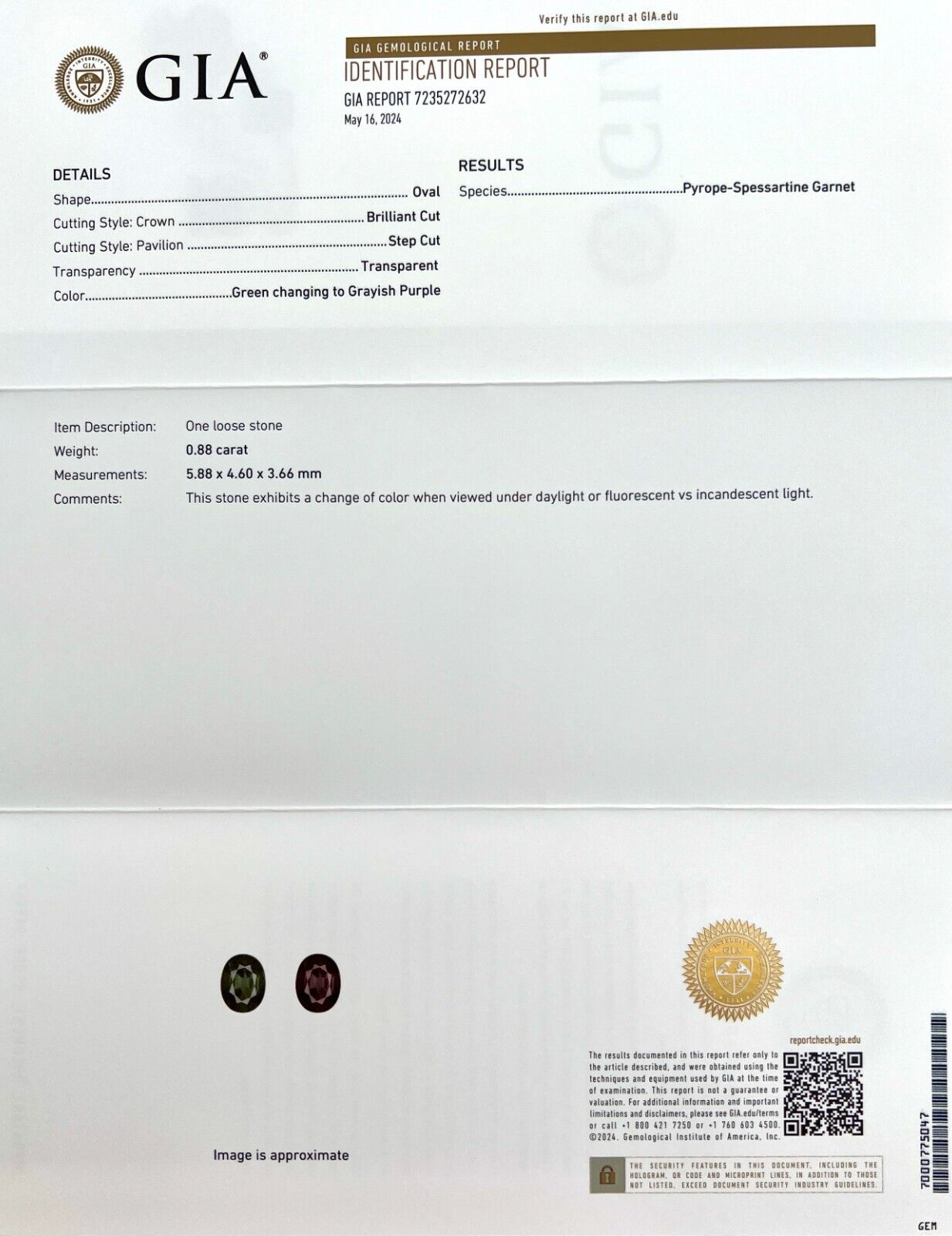 GIA CERTIFIED Colour Change Garnet 0.88ct Pyrope Spessartine Oval Cut RARE Gem — view 5