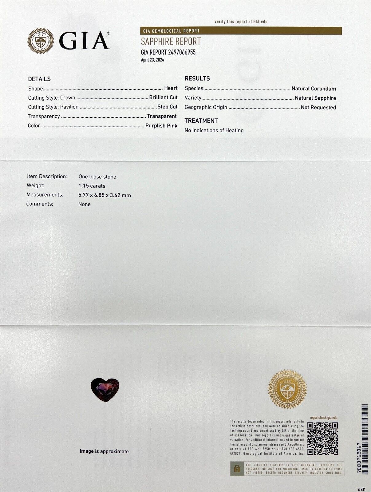 GIA CERTIFIED Bi Colour Sapphire NATURAL 1.15ct UNTREATED Purple Pink Heart Cut — view 2