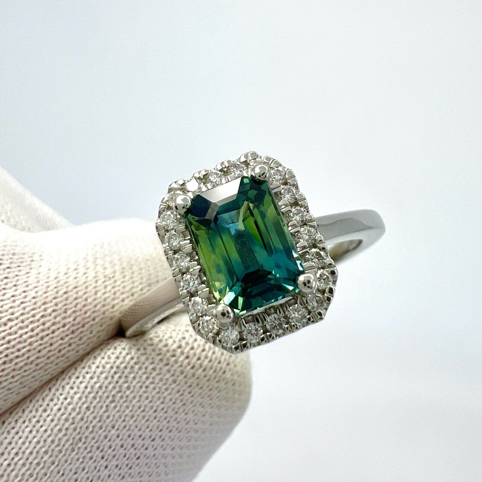 1.50ct GIA Parti Colour Emerald Cut Sapphire And Diamond Platinum Halo Ring — view 3
