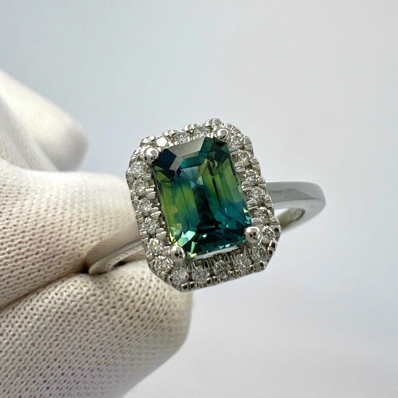 1.50ct GIA Parti Colour Emerald Cut Sapphire And Diamond Platinum Halo Ring — view 5