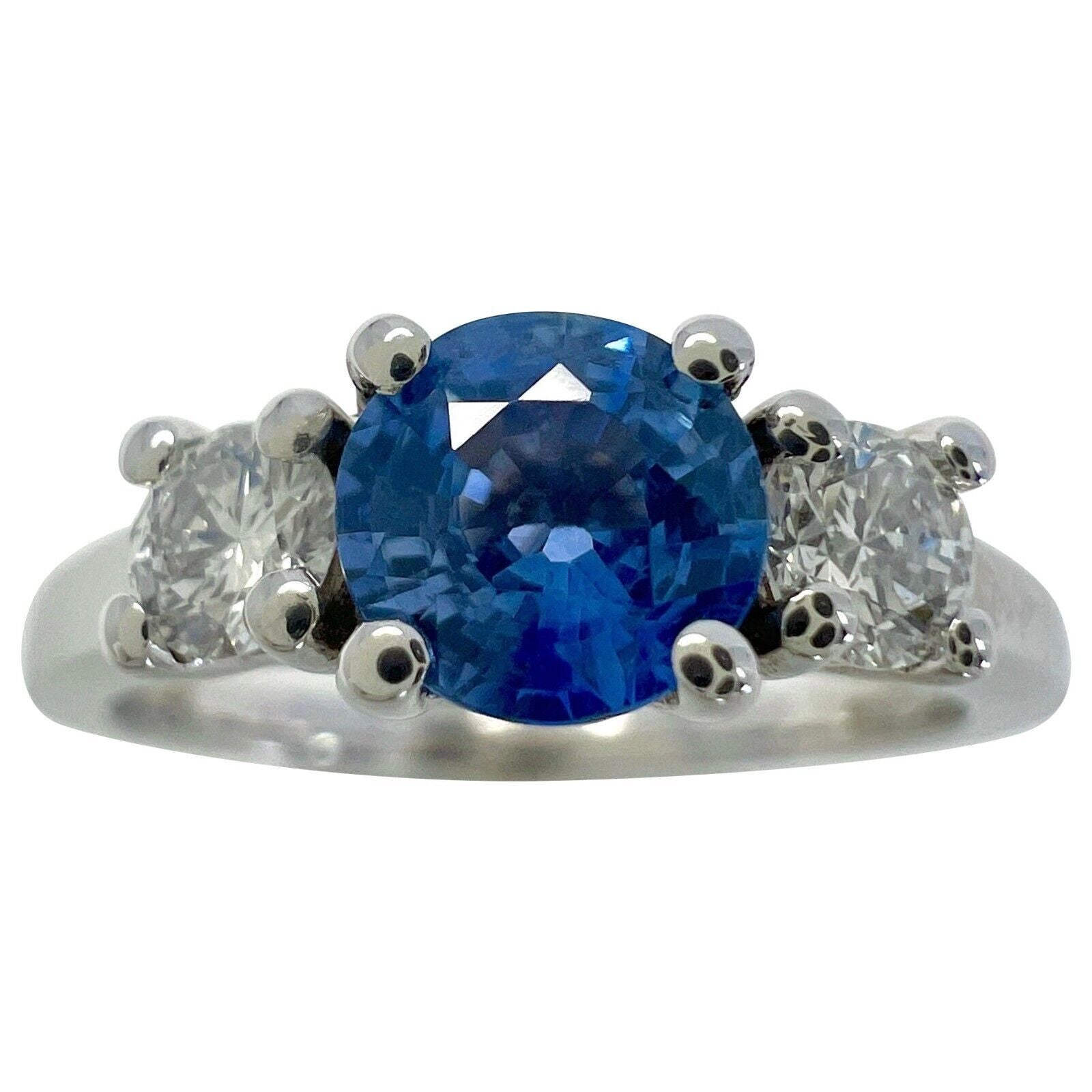 Natural Vivid Blue Round Ceylon Sapphire & Diamond White Gold Three Stone Ring — view 1