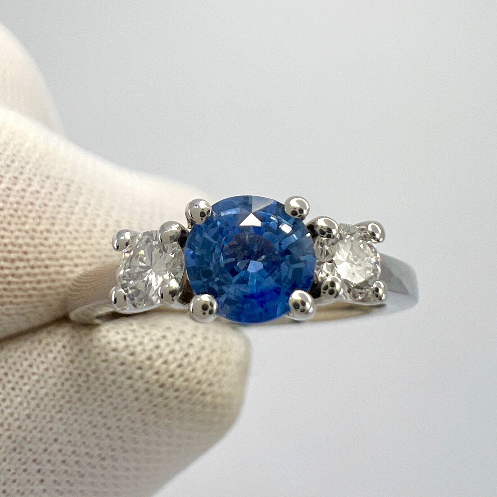 Natural Vivid Blue Round Ceylon Sapphire & Diamond White Gold Three Stone Ring — view 2