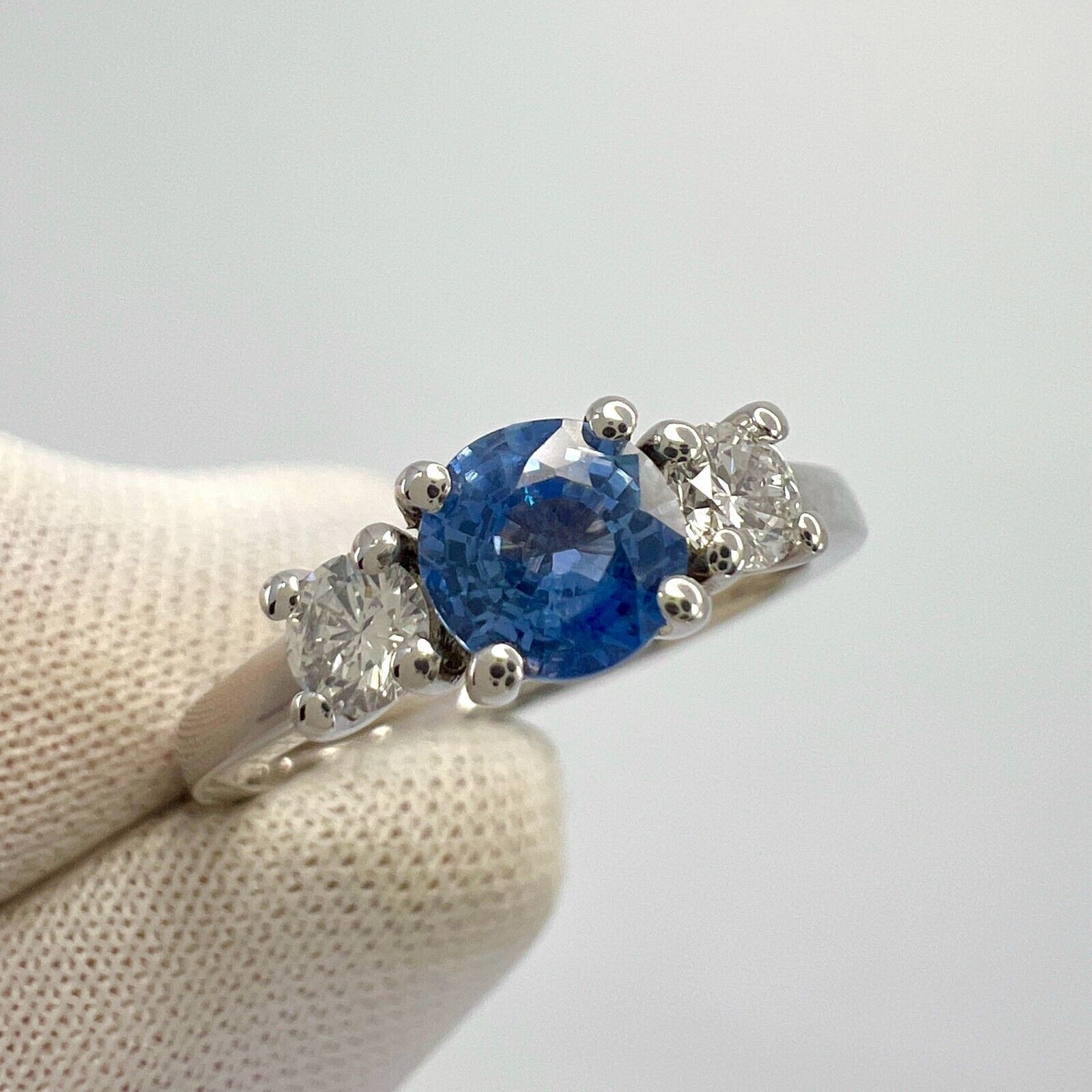 Natural Vivid Blue Round Ceylon Sapphire & Diamond White Gold Three Stone Ring — view 3