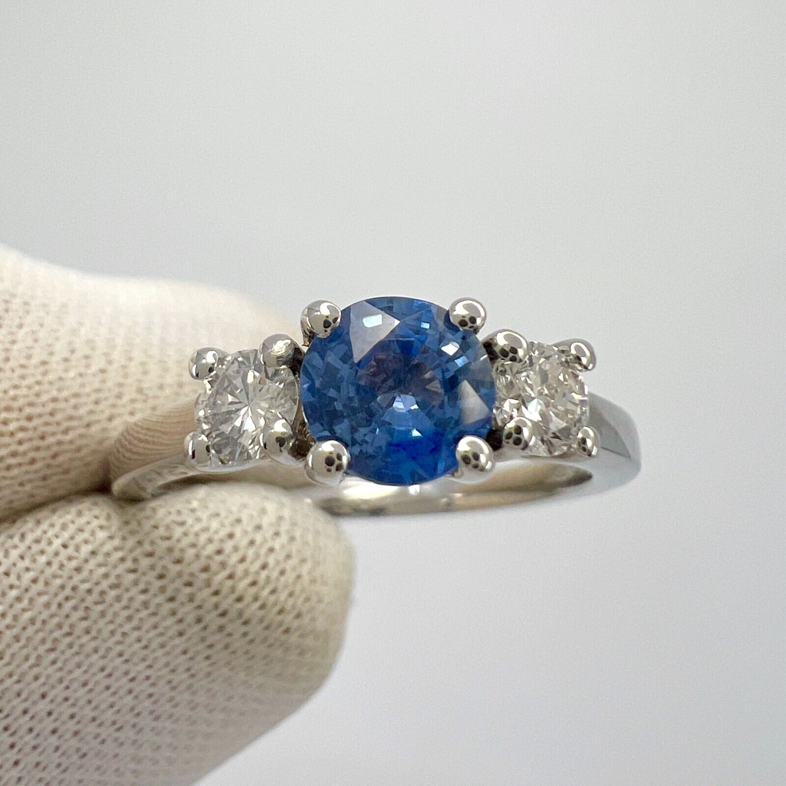 Natural Vivid Blue Round Ceylon Sapphire & Diamond White Gold Three Stone Ring — view 4