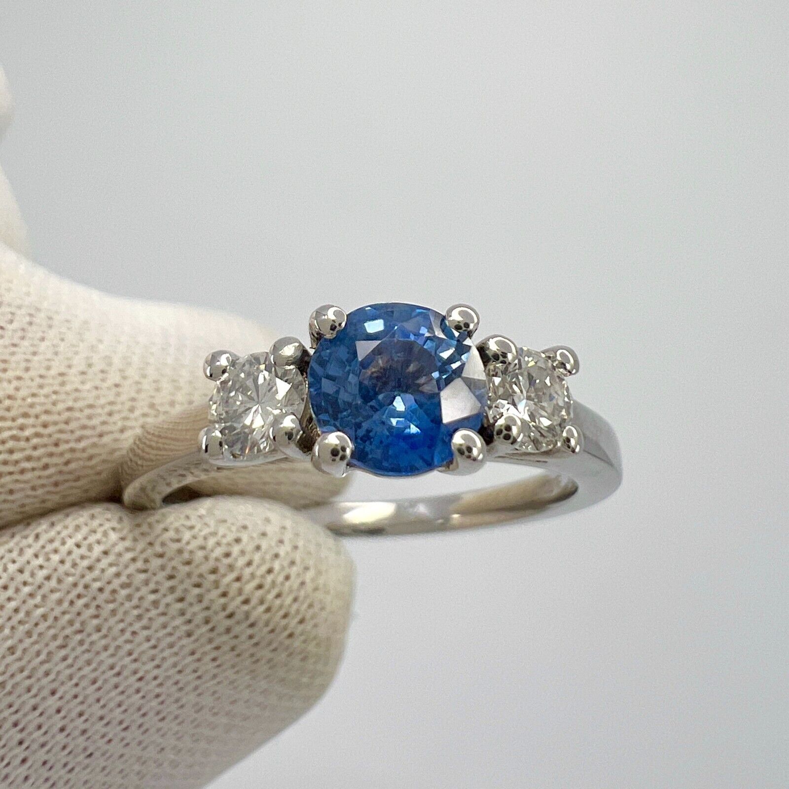 Natural Vivid Blue Round Ceylon Sapphire & Diamond White Gold Three Stone Ring — view 5