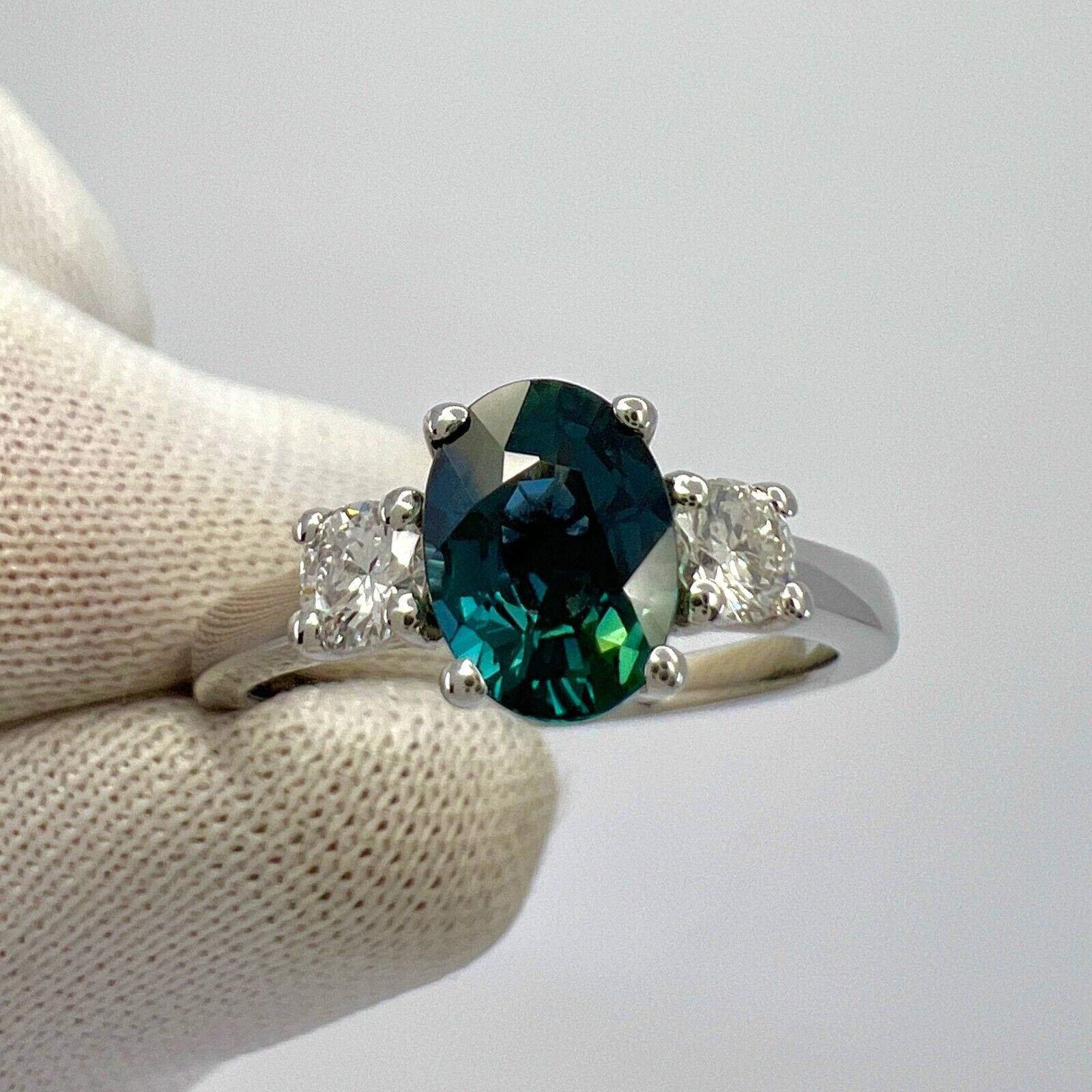 1.06ct Deep Blue Oval Cut Sapphire And Diamond 18k White Gold Three Stone Ring — view 2