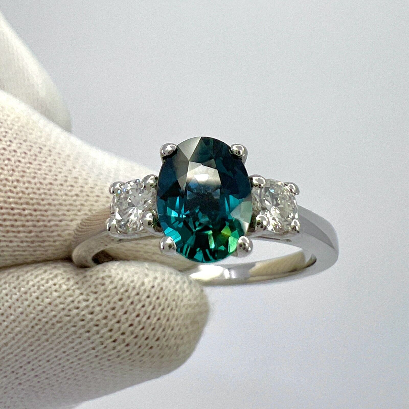 1.06ct Deep Blue Oval Cut Sapphire And Diamond 18k White Gold Three Stone Ring — view 3