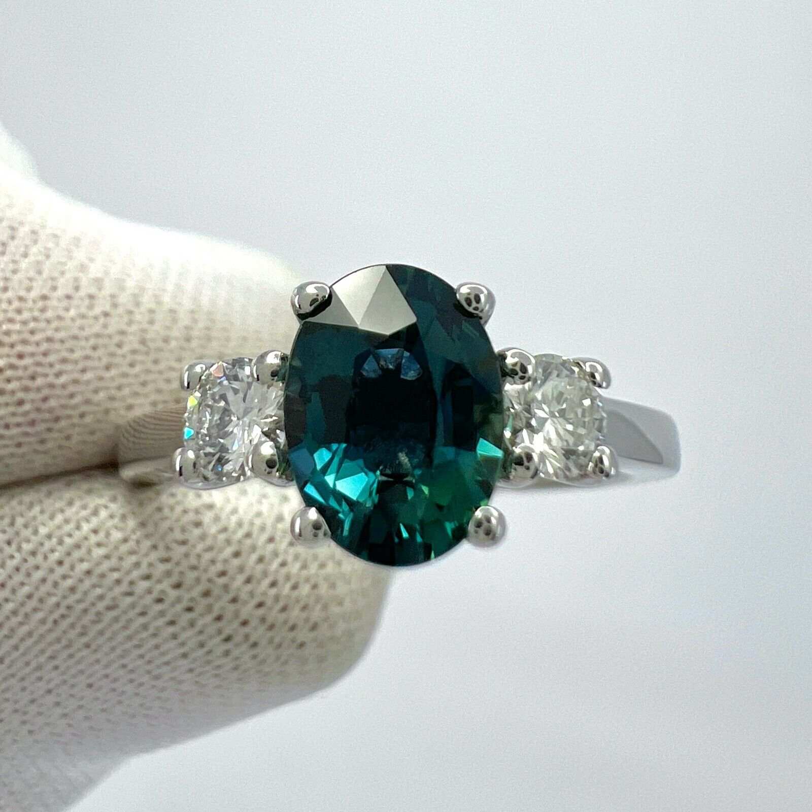 1.06ct Deep Blue Oval Cut Sapphire And Diamond 18k White Gold Three Stone Ring — view 4