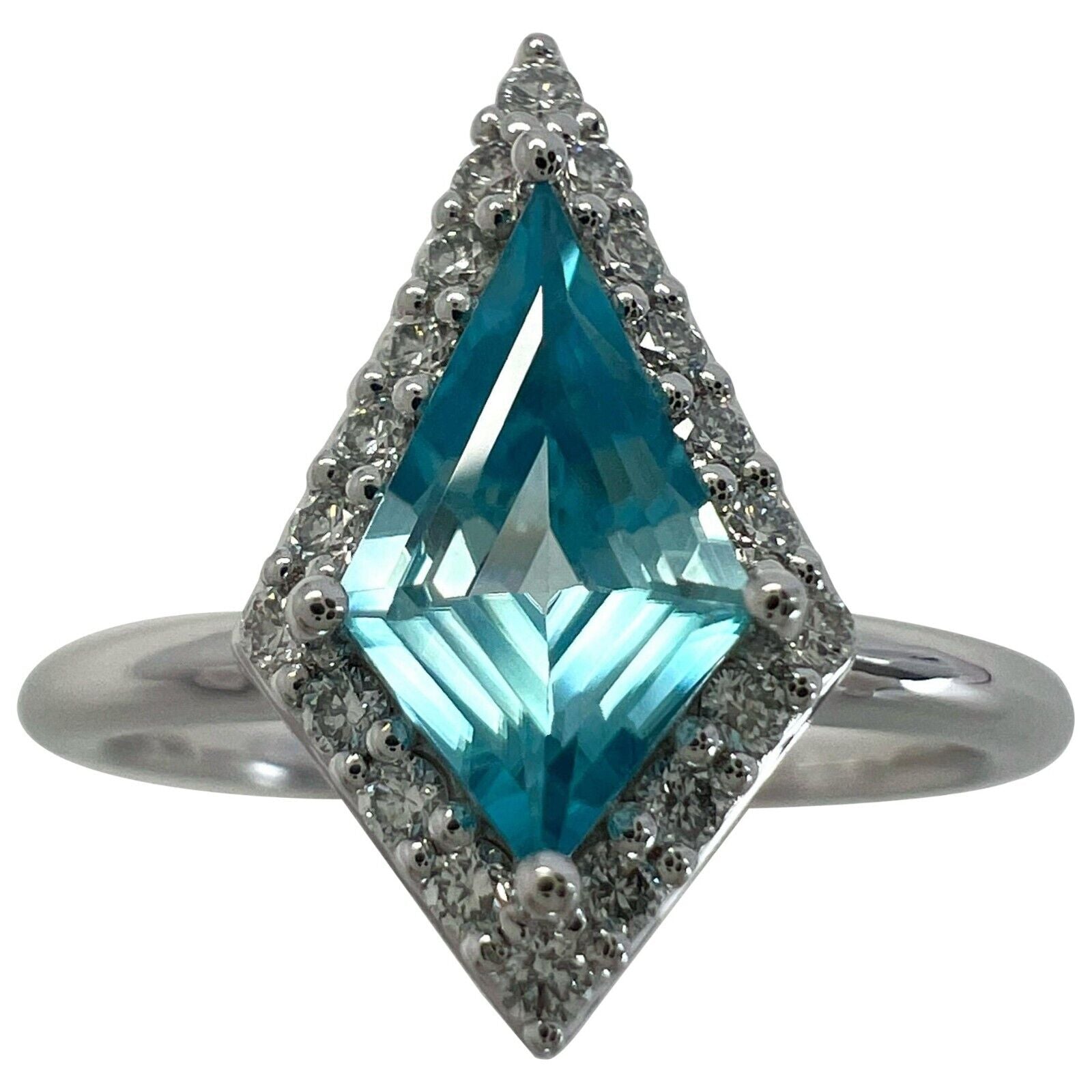 Natural 1.07ct Fancy Kite Vivid Blue Zircon & Diamond 18k White Gold Halo Ring — view 1