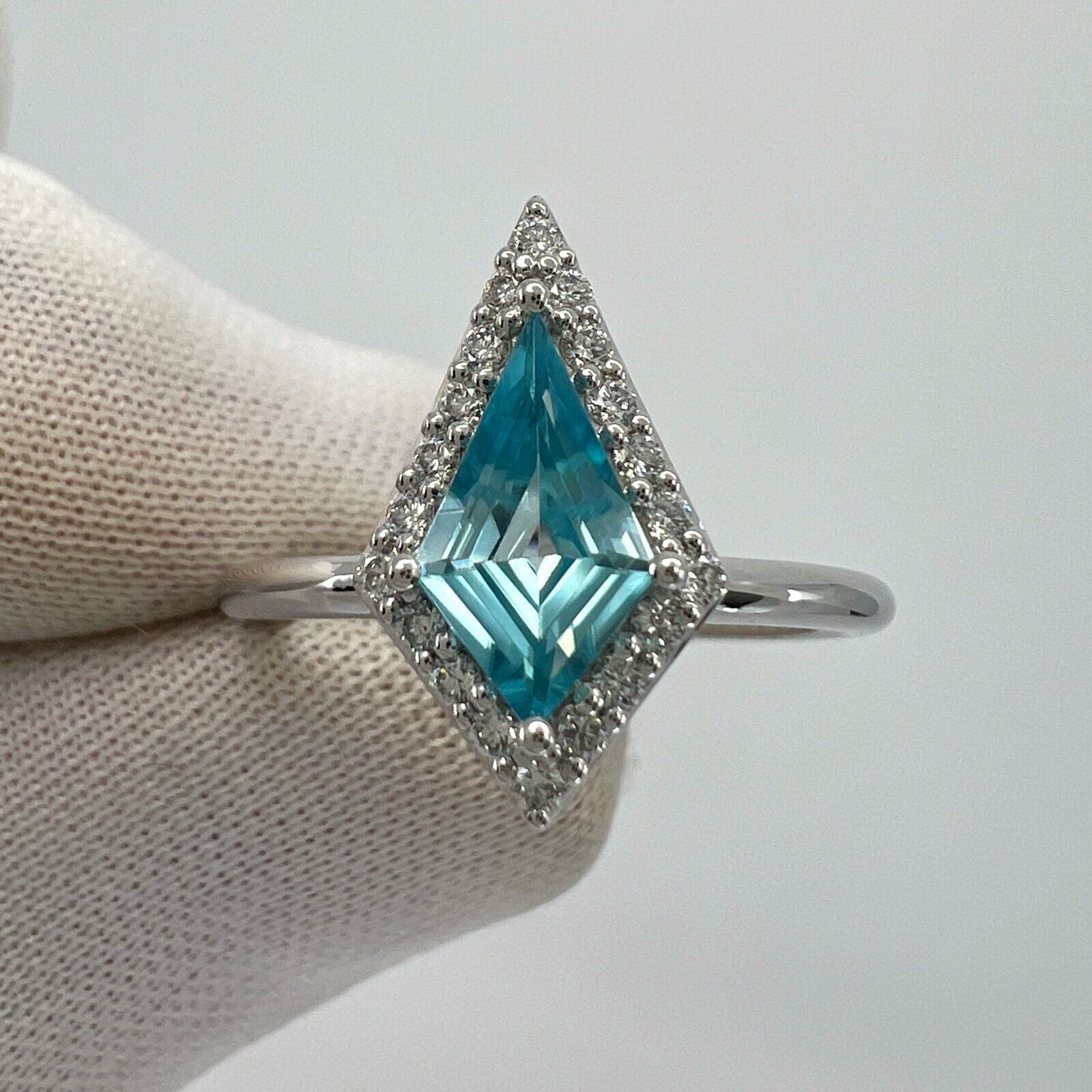 Natural 1.07ct Fancy Kite Vivid Blue Zircon & Diamond 18k White Gold Halo Ring — view 2