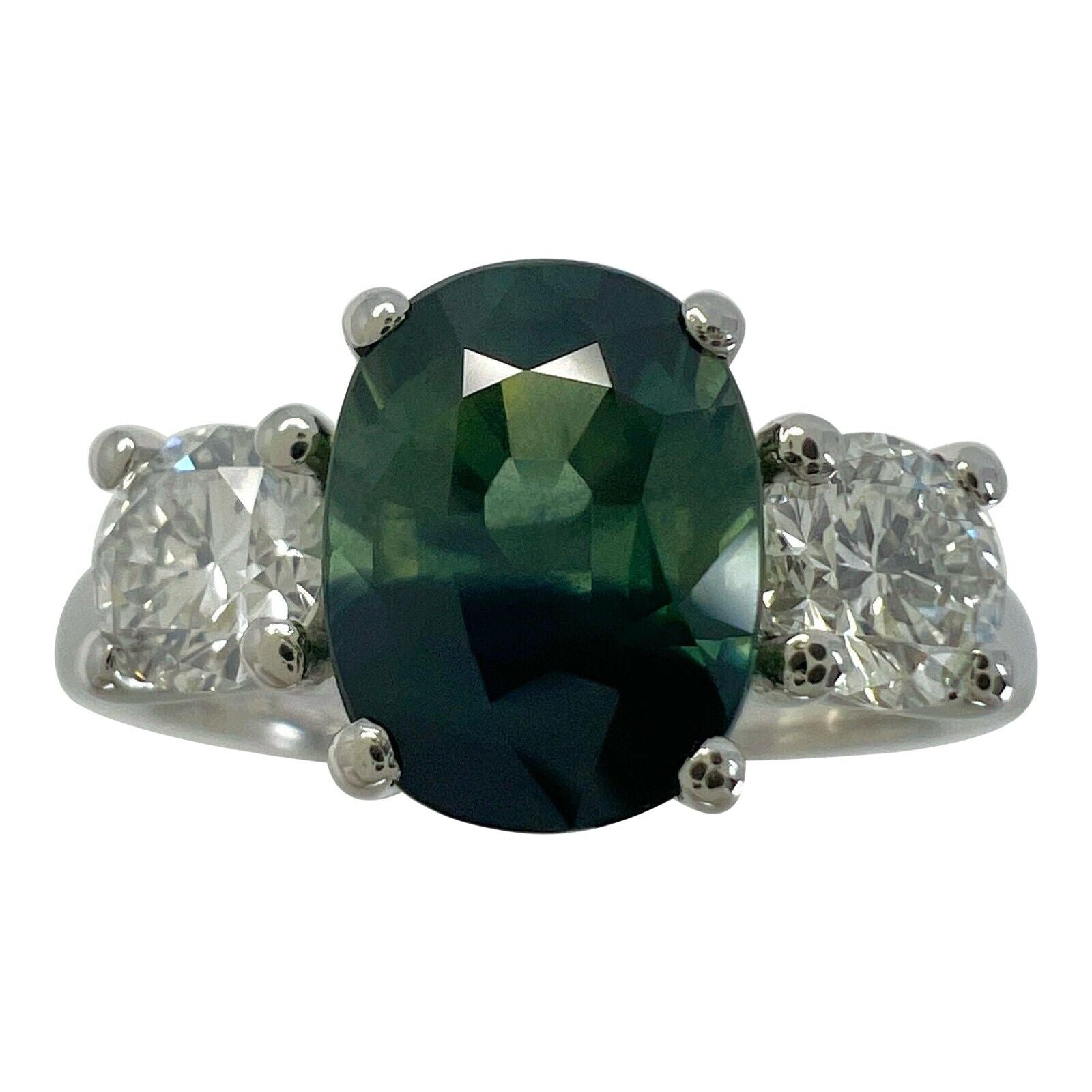 2.55ct Deep Blue Green Bi Colour Sapphire & Diamond Platinum Three Stone Ring