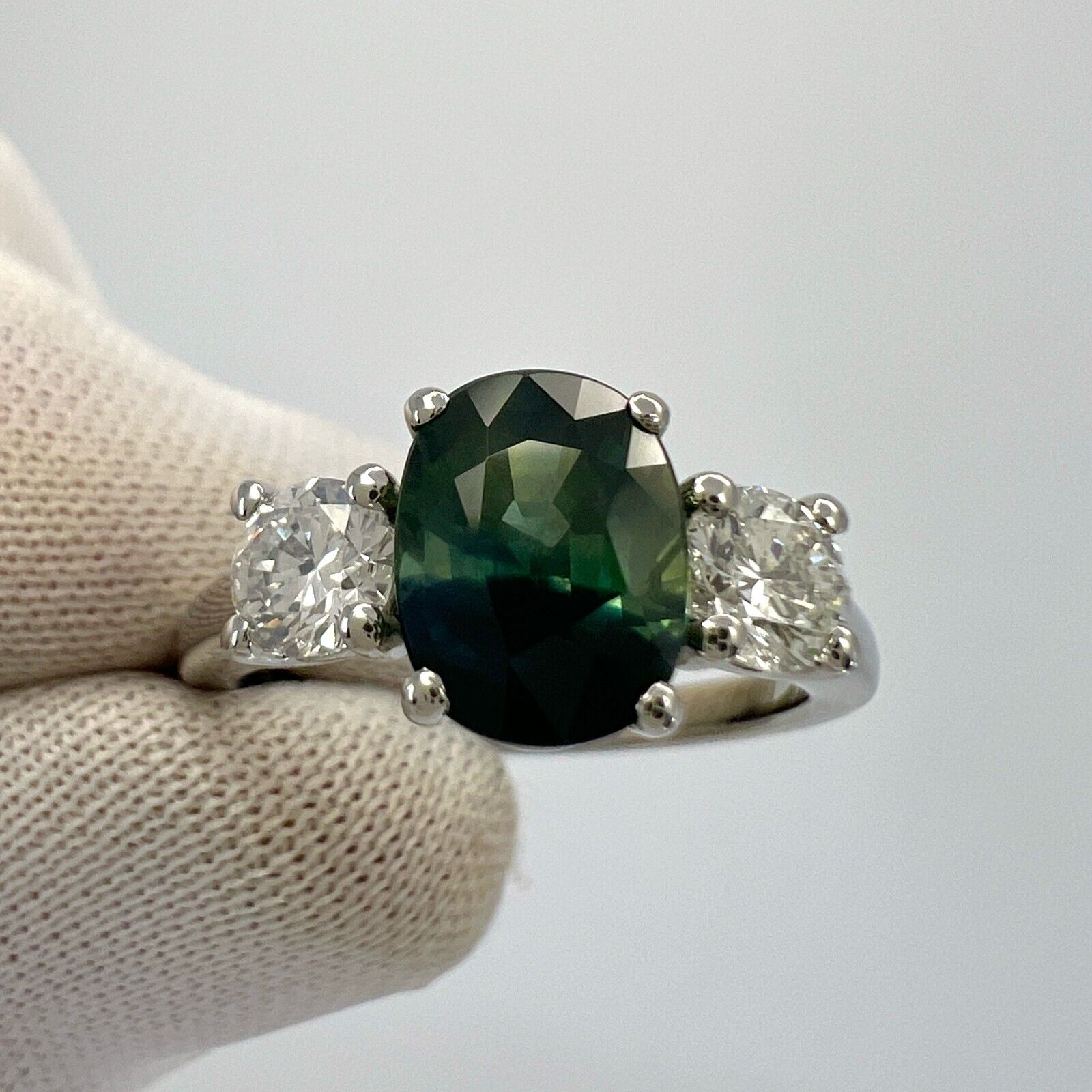 2.55ct Deep Blue Green Bi Colour Sapphire & Diamond Platinum Three Stone Ring — view 2