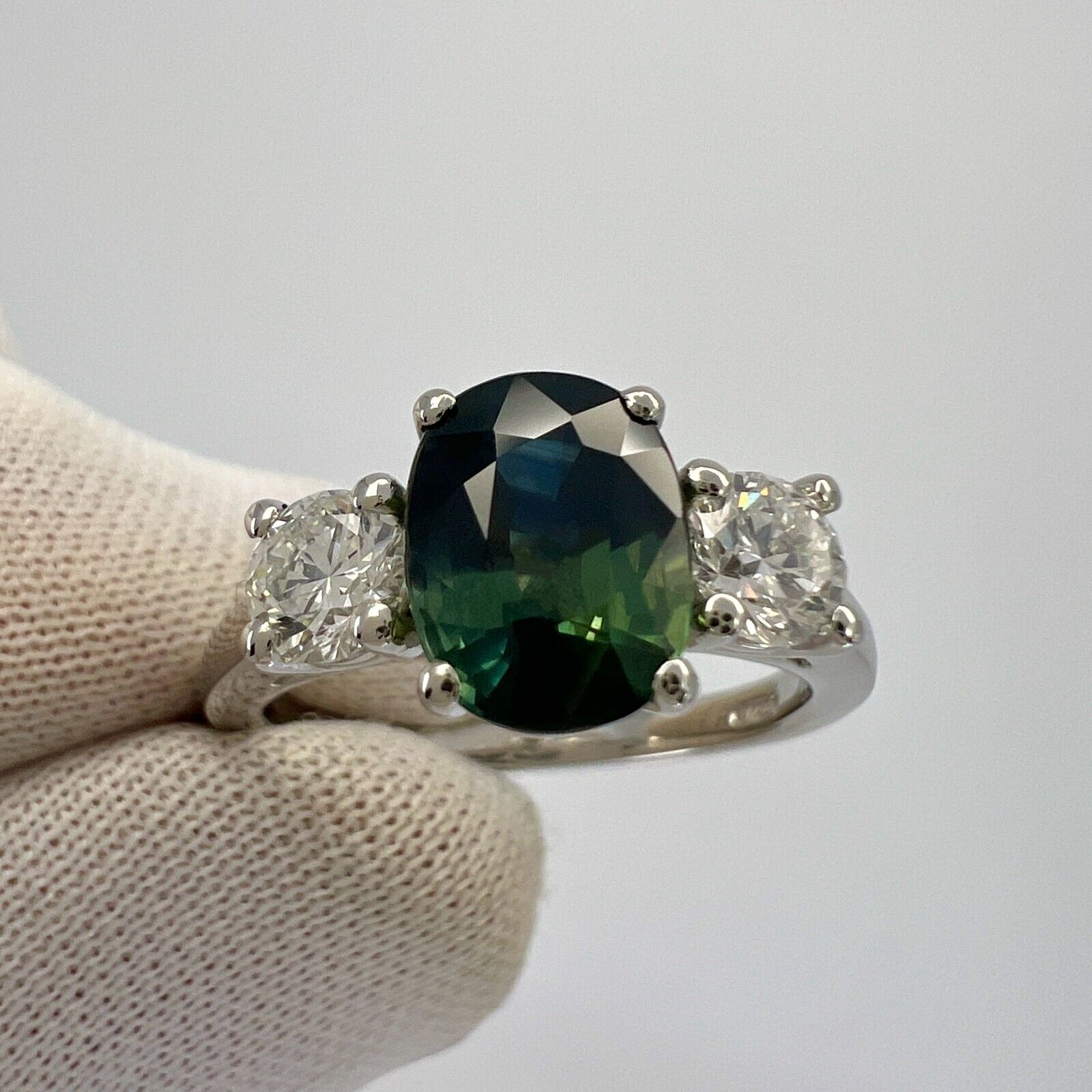 2.55ct Deep Blue Green Bi Colour Sapphire & Diamond Platinum Three Stone Ring — view 3