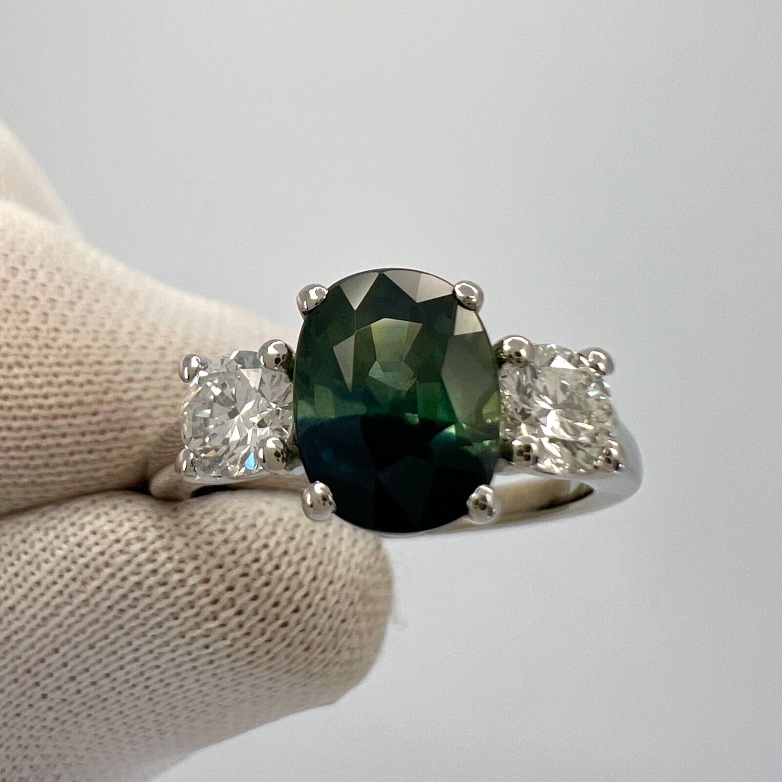 2.55ct Deep Blue Green Bi Colour Sapphire & Diamond Platinum Three Stone Ring — view 4