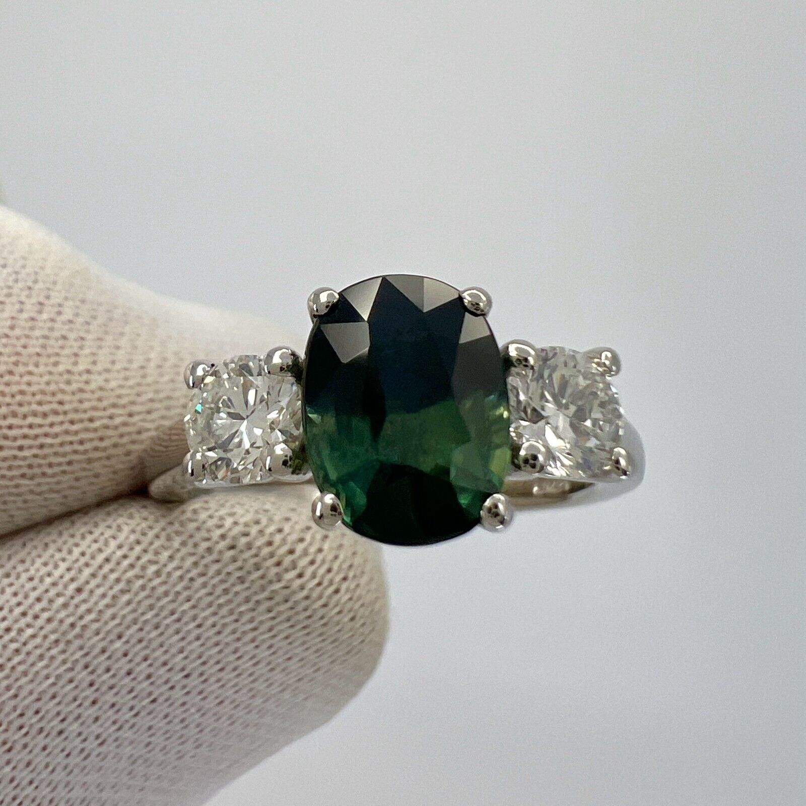 2.55ct Deep Blue Green Bi Colour Sapphire & Diamond Platinum Three Stone Ring — view 5
