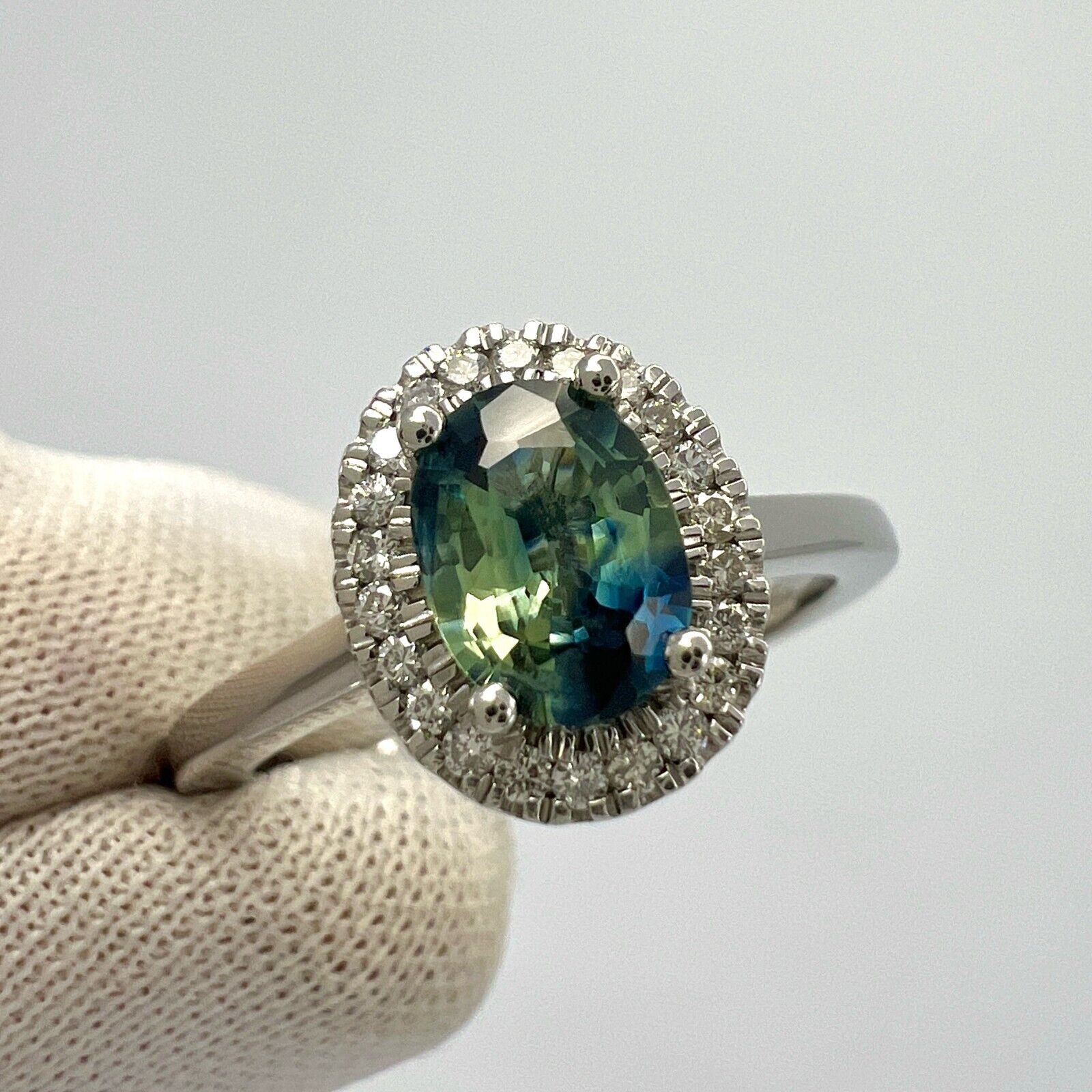 1.22ct Parti Bi Colour Oval Cut Blue Green Sapphire & Diamond Platinum Halo Ring — view 2