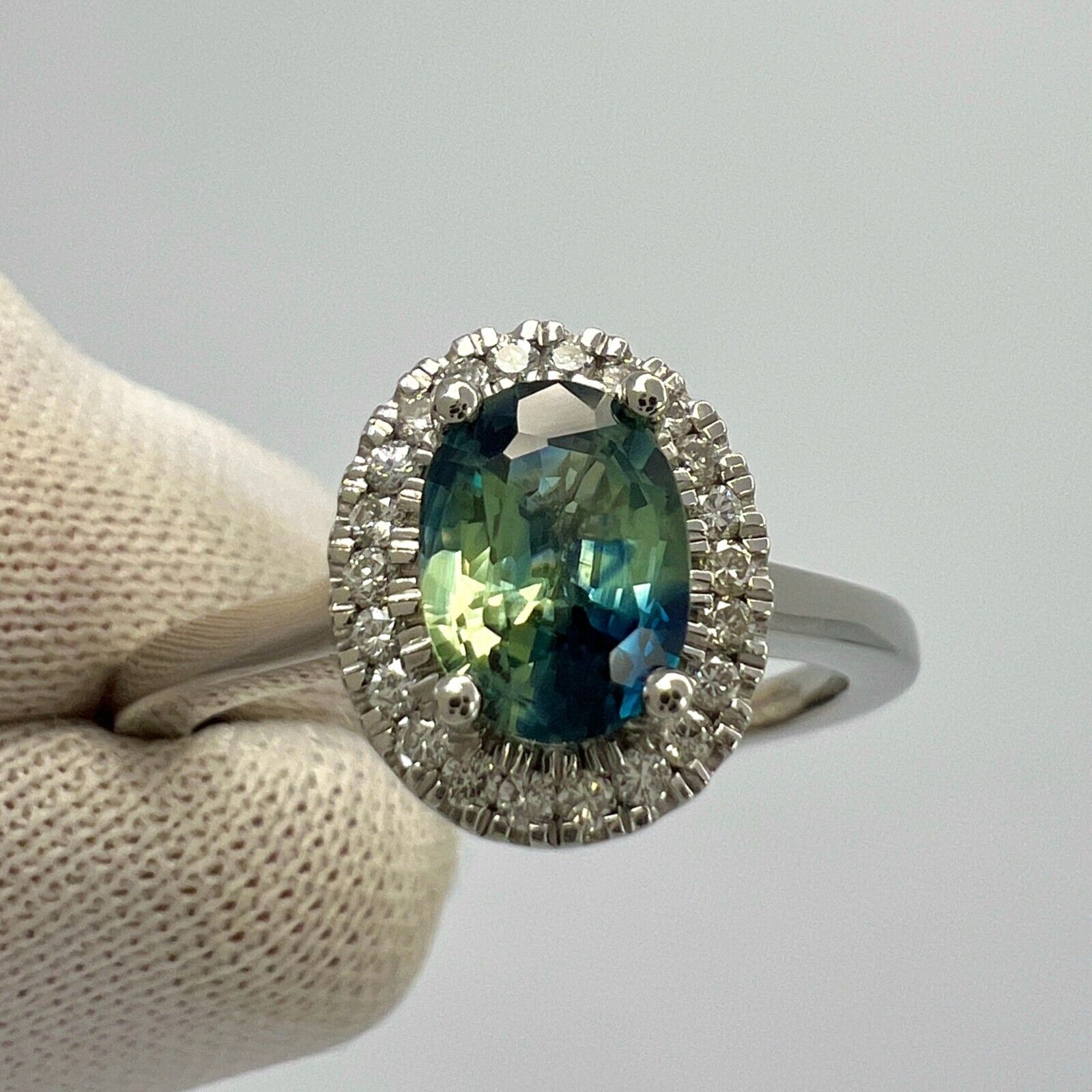 1.22ct Parti Bi Colour Oval Cut Blue Green Sapphire & Diamond Platinum Halo Ring — view 3
