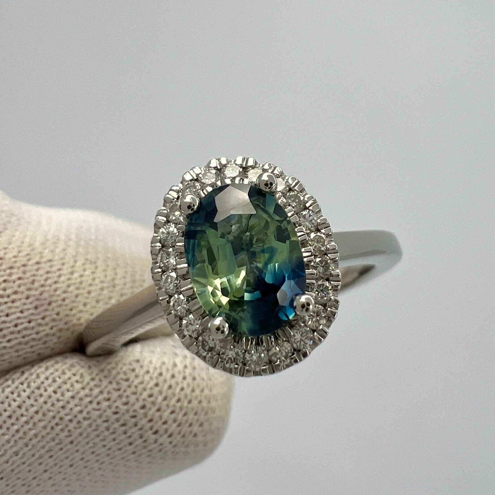 1.22ct Parti Bi Colour Oval Cut Blue Green Sapphire & Diamond Platinum Halo Ring — view 4