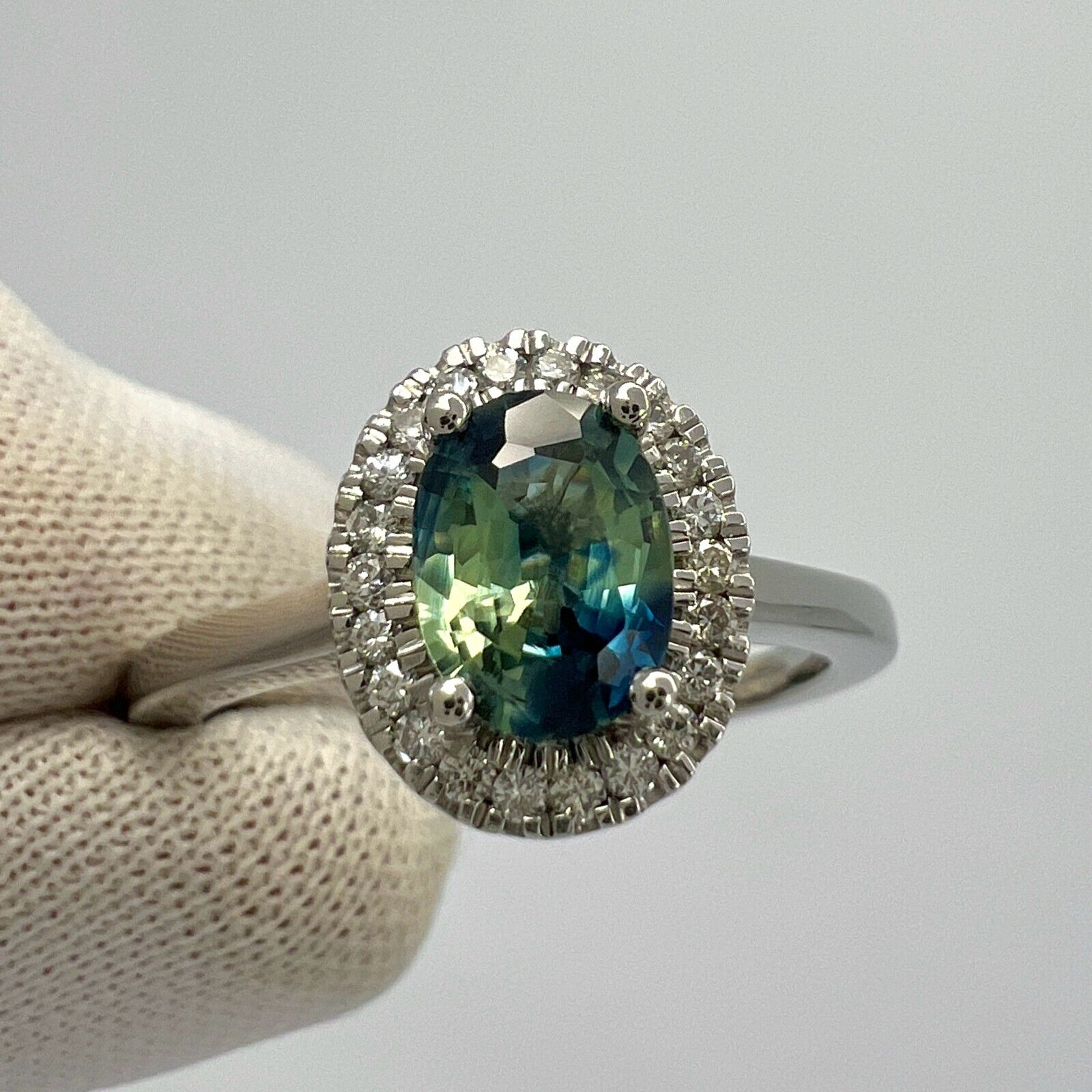 1.22ct Parti Bi Colour Oval Cut Blue Green Sapphire & Diamond Platinum Halo Ring — view 5