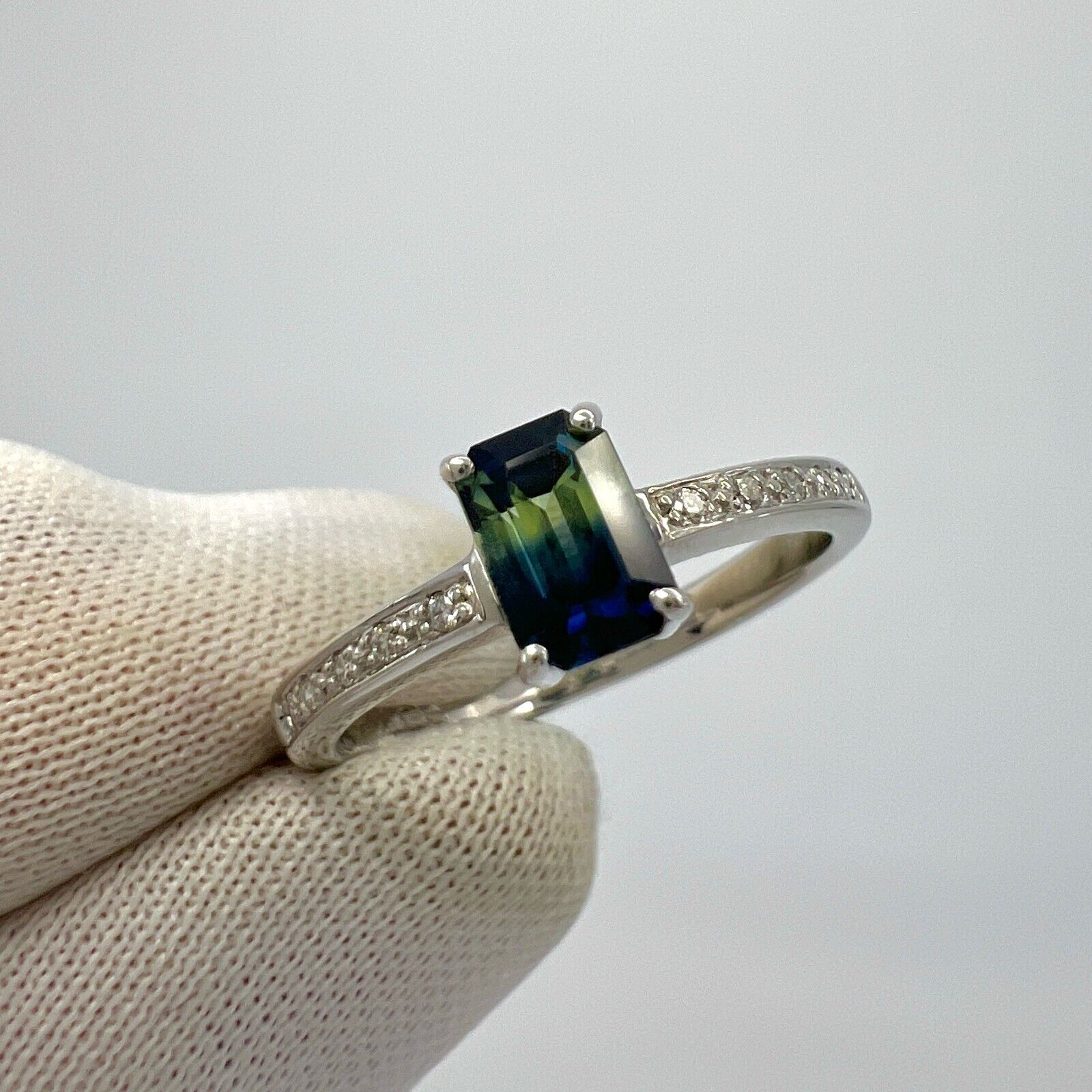 Certified Untreated Bi Colour Sapphire Blue Yellow Emerald Cut White Gold Ring — view 2