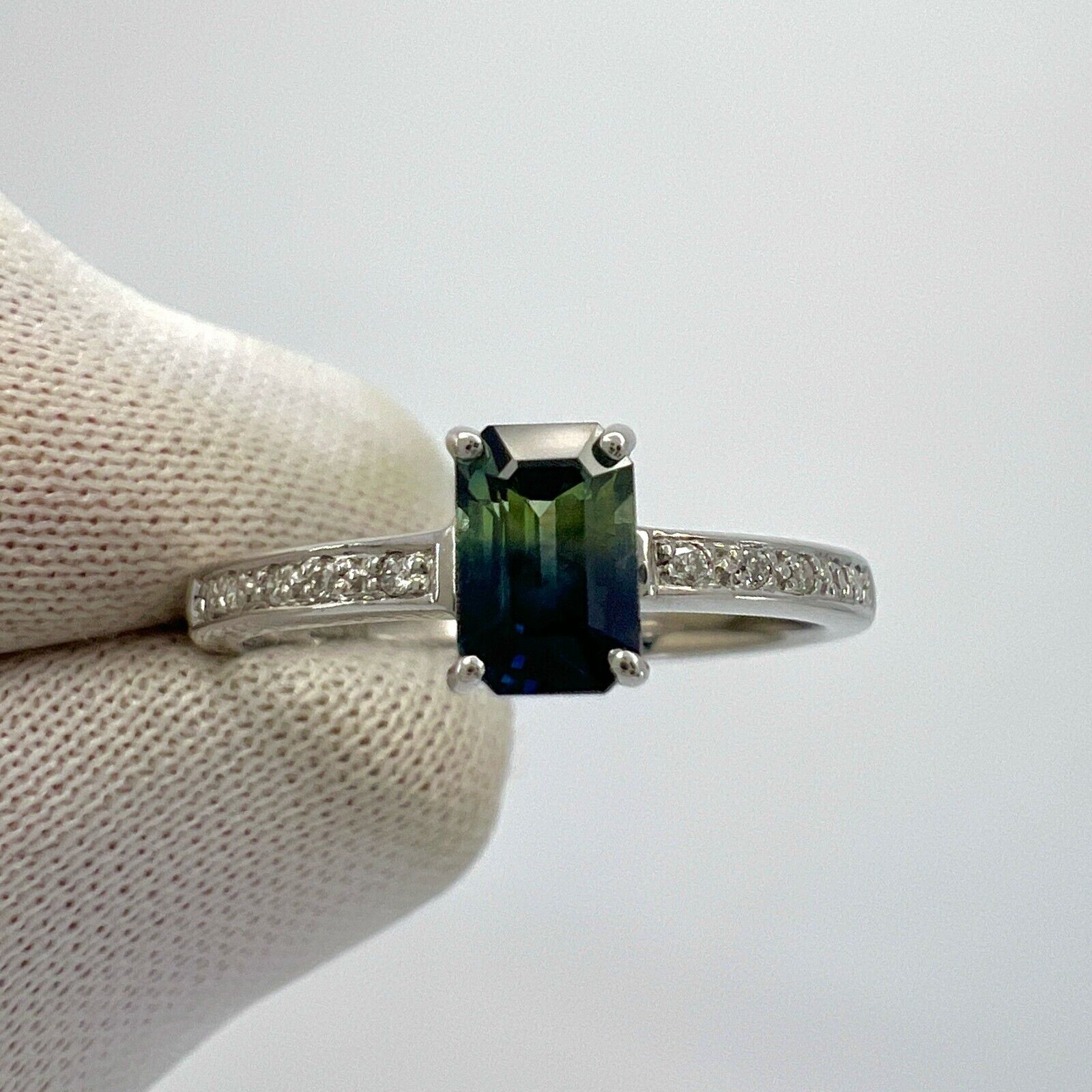 Certified Untreated Bi Colour Sapphire Blue Yellow Emerald Cut White Gold Ring — view 3