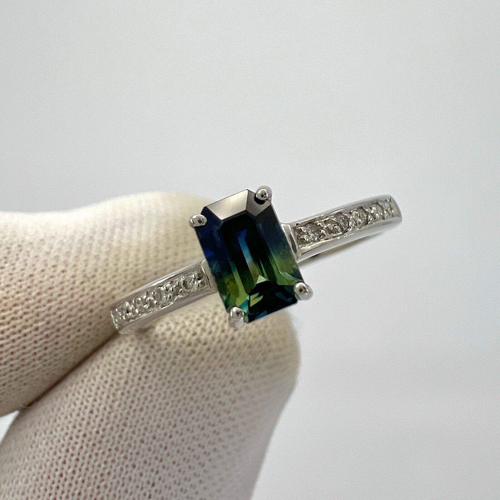 Certified Untreated Bi Colour Sapphire Blue Yellow Emerald Cut White Gold Ring — view 5