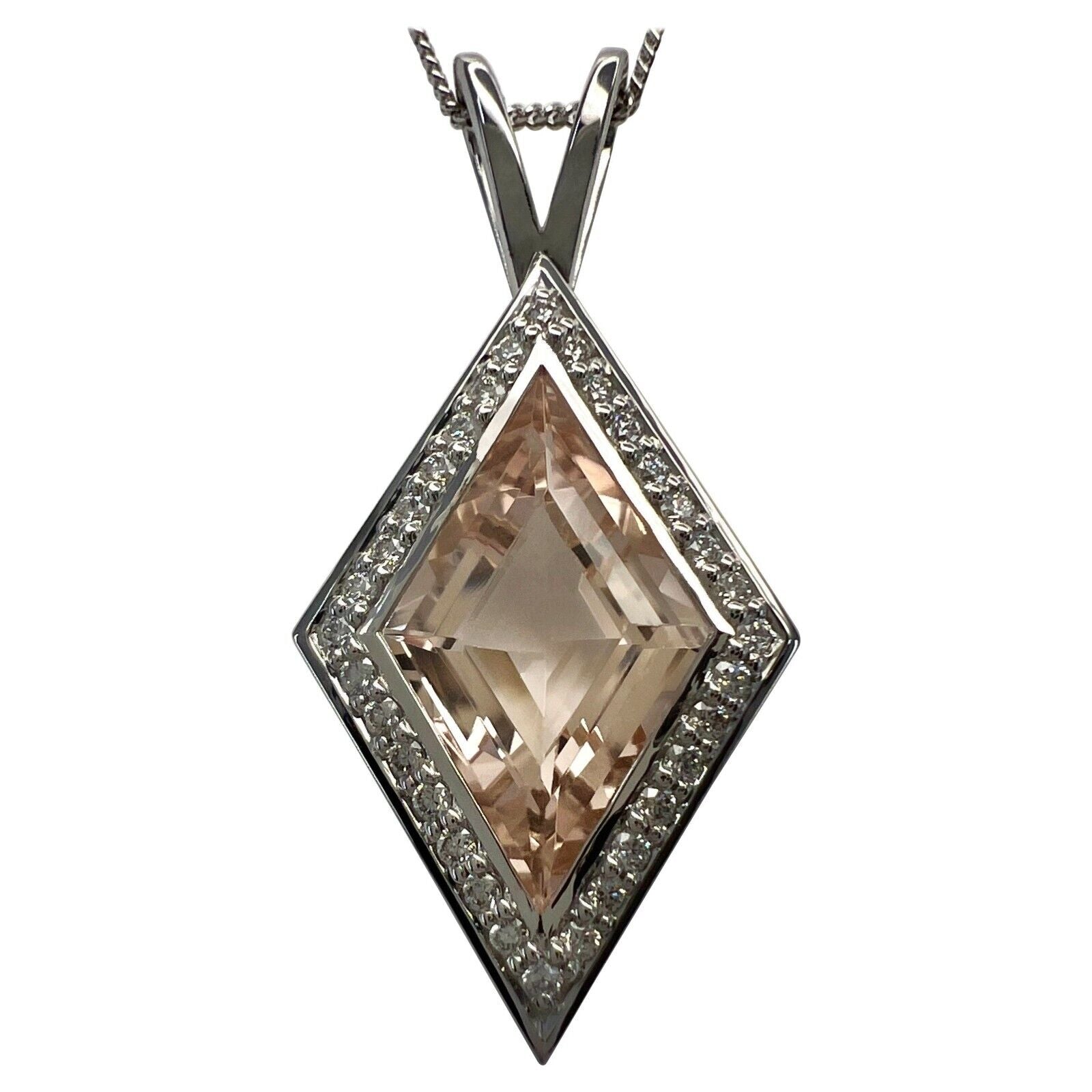 3.43ct Fancy Kite Cut Morganite & Diamond 18k White Gold Halo Pendant Necklace