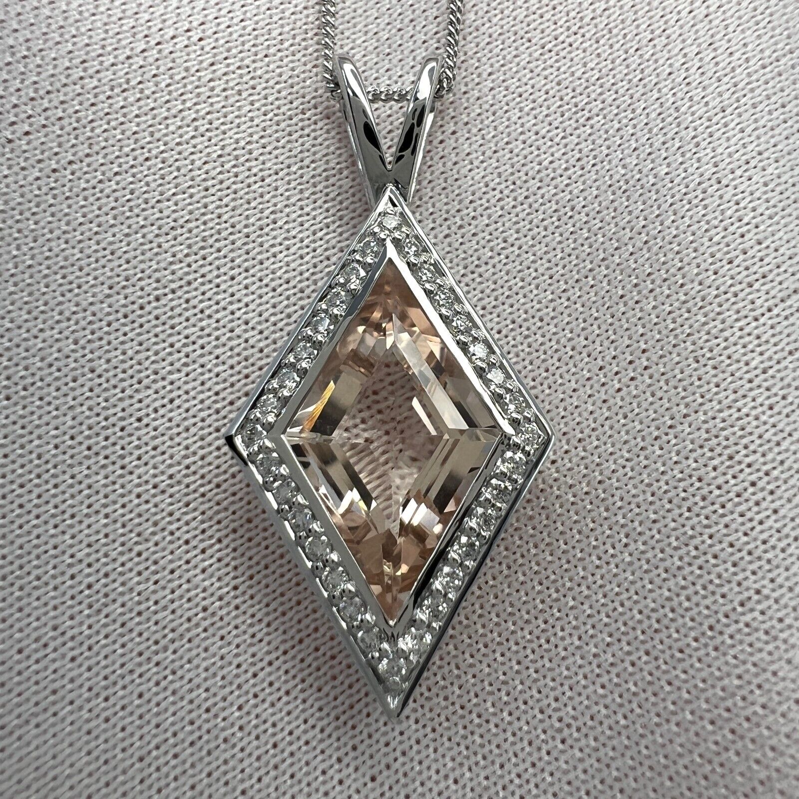 3.43ct Fancy Kite Cut Morganite & Diamond 18k White Gold Halo Pendant Necklace — view 2