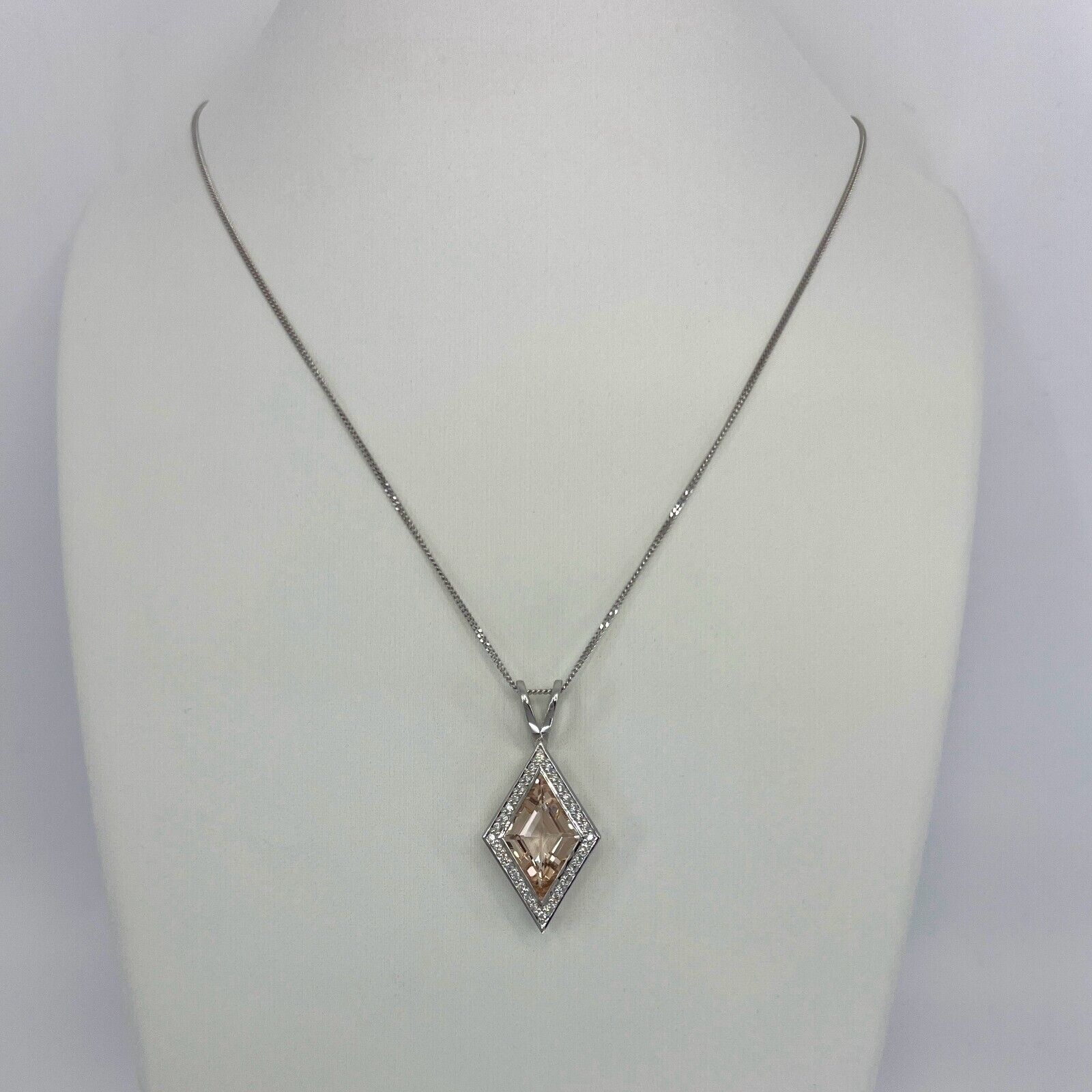 3.43ct Fancy Kite Cut Morganite & Diamond 18k White Gold Halo Pendant Necklace — view 3