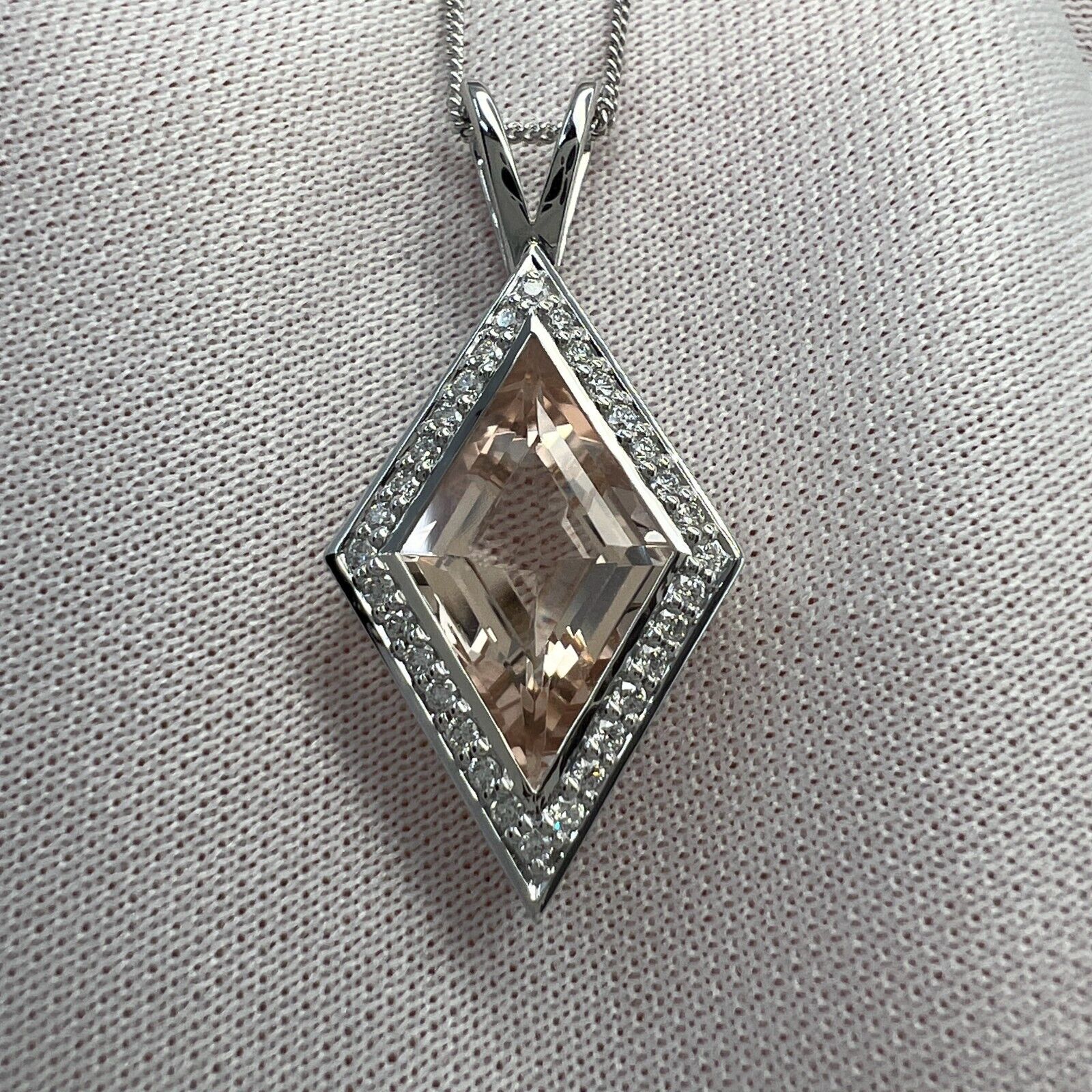 3.43ct Fancy Kite Cut Morganite & Diamond 18k White Gold Halo Pendant Necklace — view 4