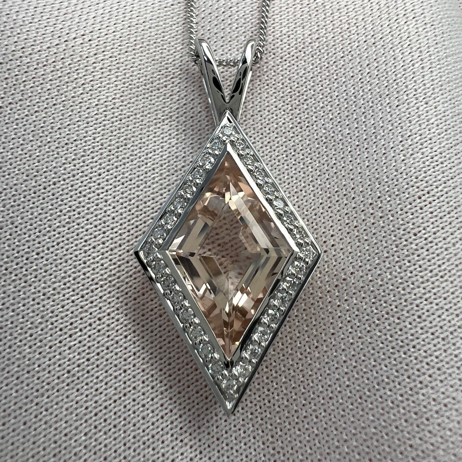 3.43ct Fancy Kite Cut Morganite & Diamond 18k White Gold Halo Pendant Necklace — view 5