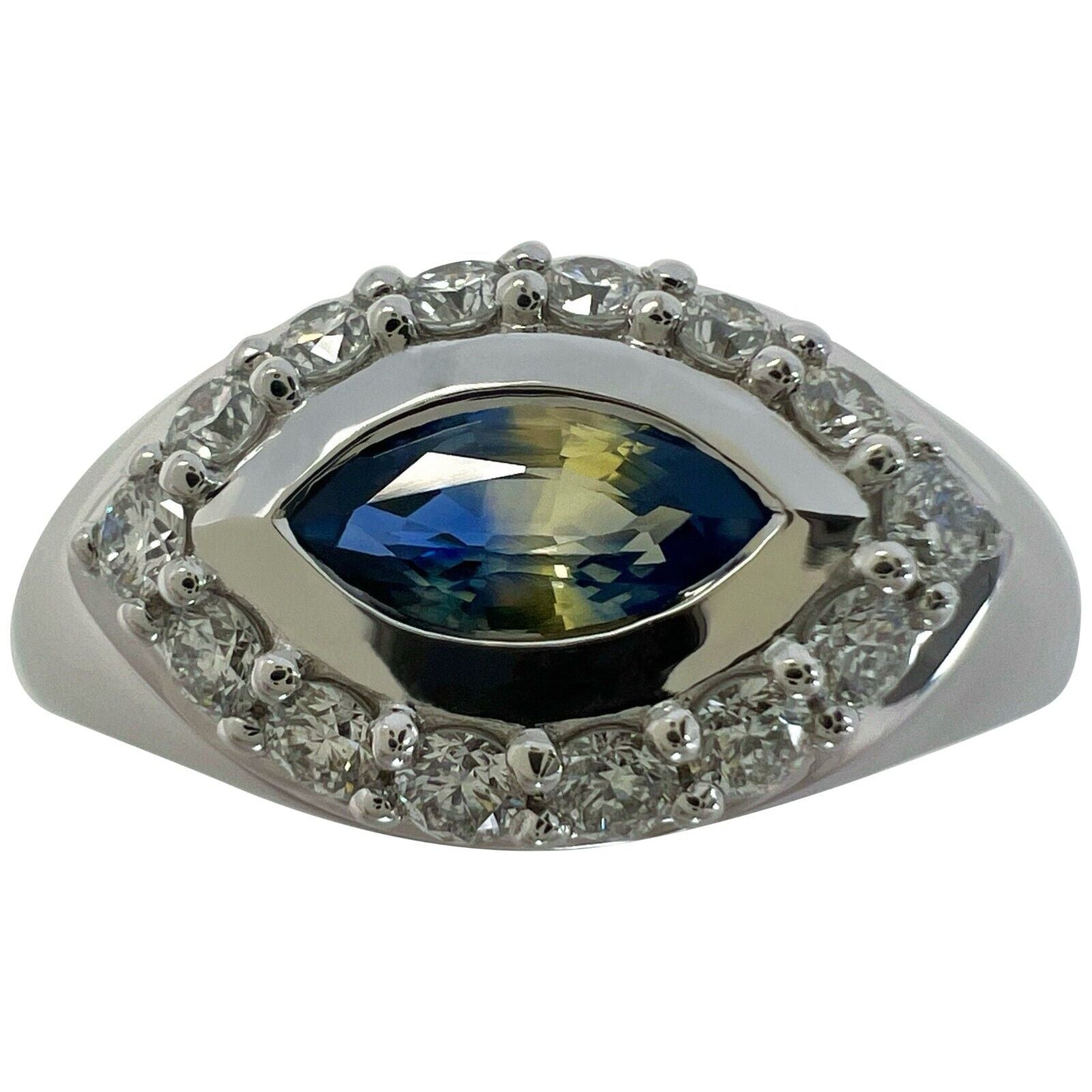 Bi Colour Blue Yellow Marquise Sapphire And Diamond 18k White Gold Signet Ring