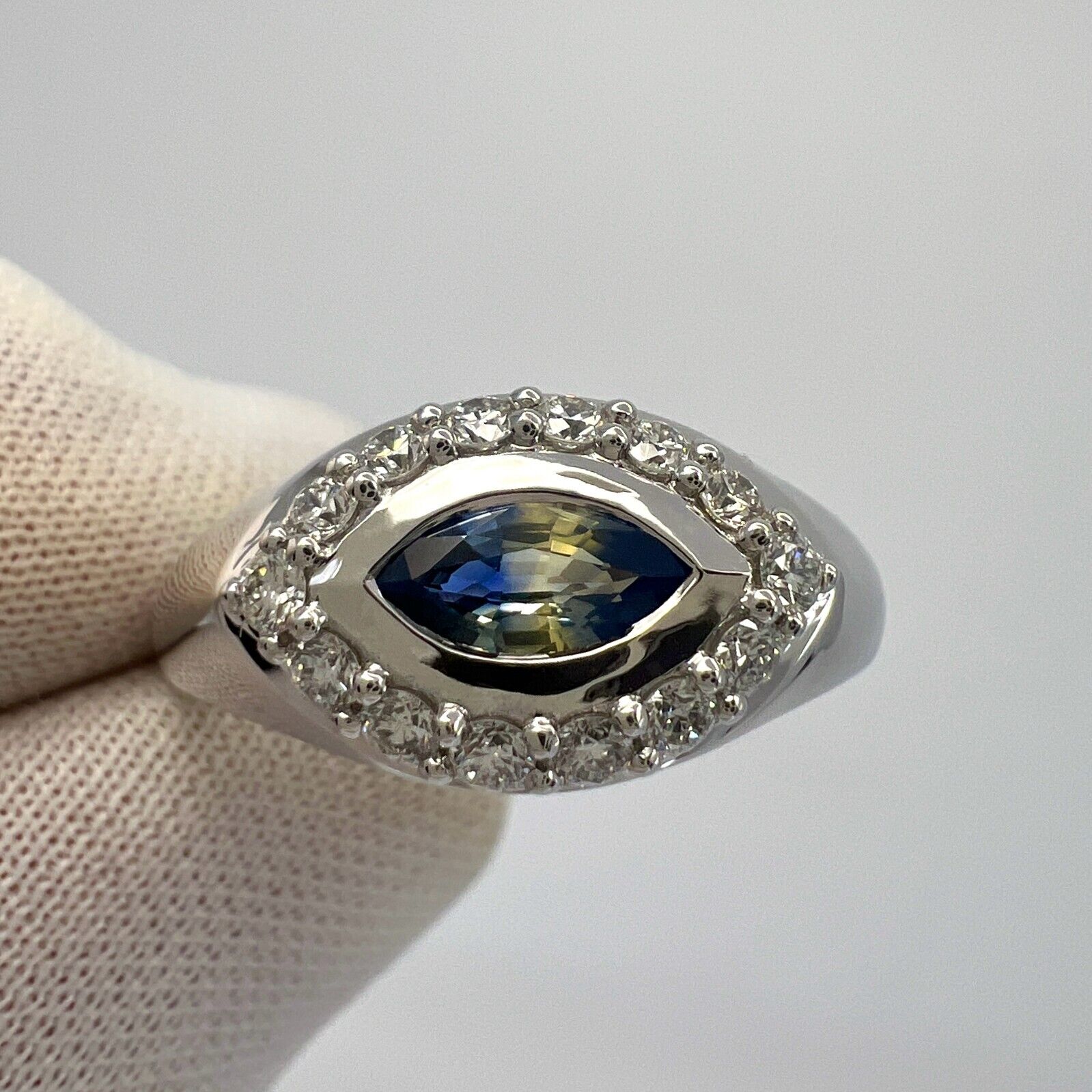 Bi Colour Blue Yellow Marquise Sapphire And Diamond 18k White Gold Signet Ring — view 2