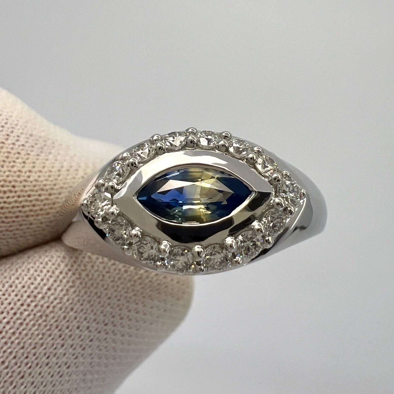 Bi Colour Blue Yellow Marquise Sapphire And Diamond 18k White Gold Signet Ring — view 3