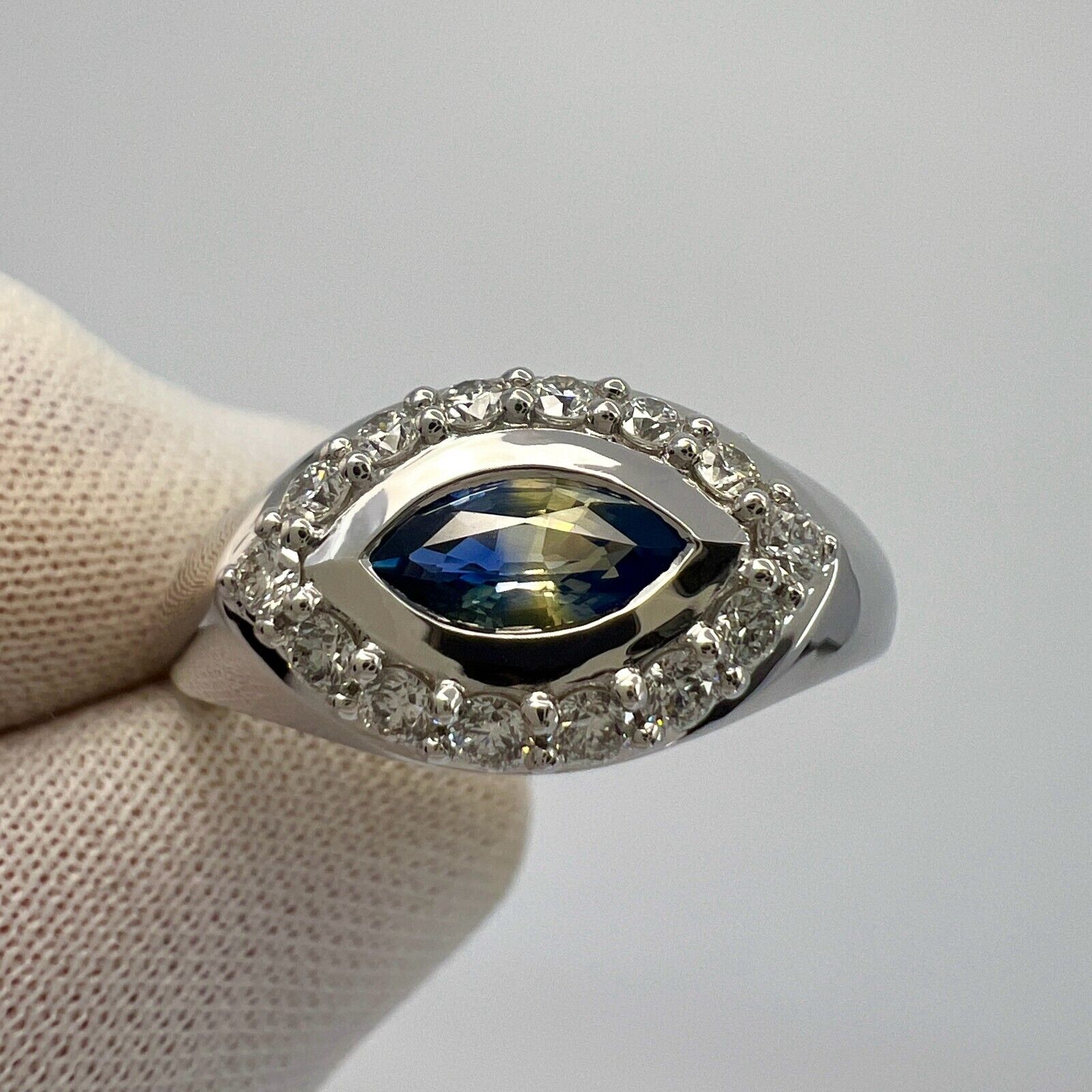 Bi Colour Blue Yellow Marquise Sapphire And Diamond 18k White Gold Signet Ring — view 5