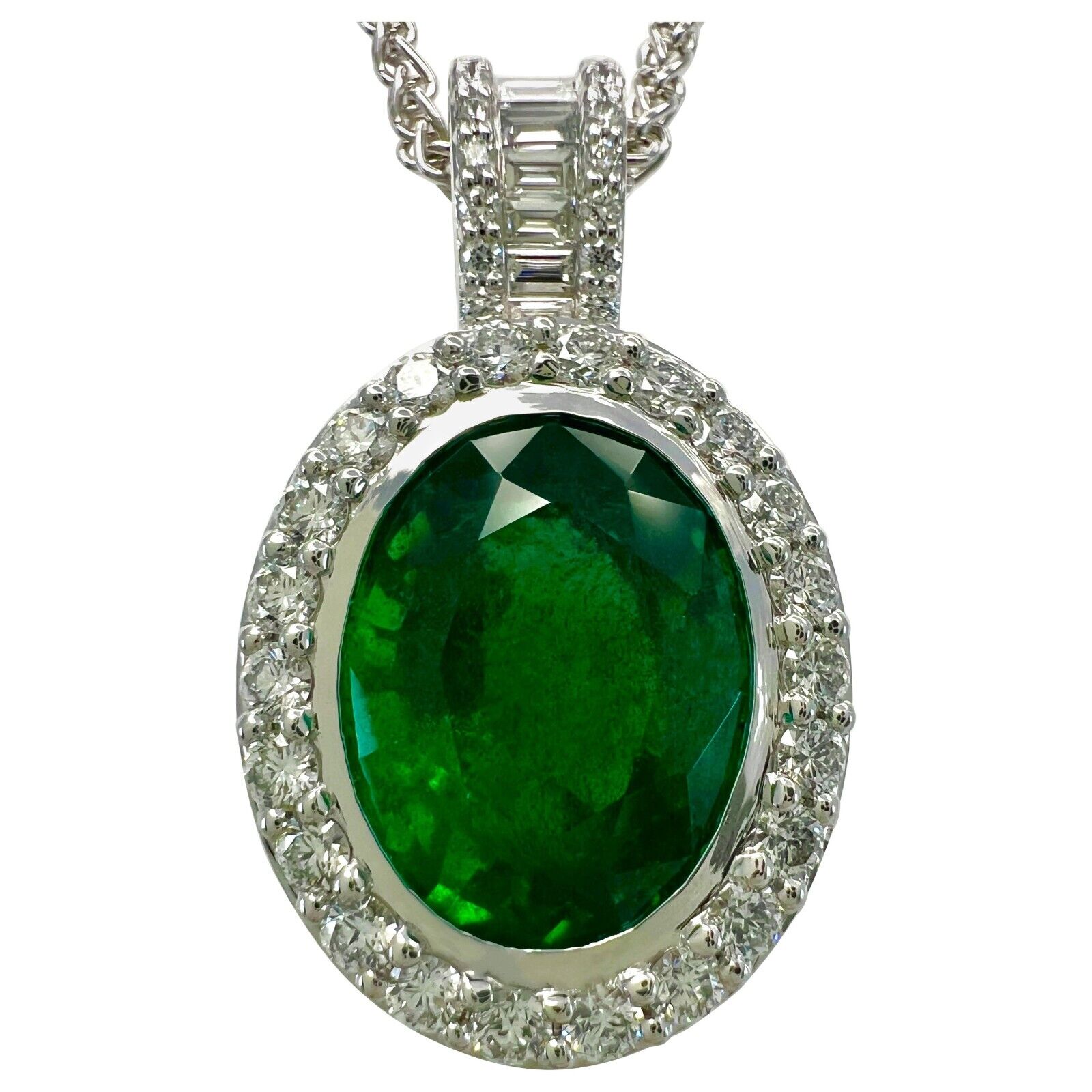 6.06ct GIA Certified Oval Cut Emerald & Diamond 18k White Gold Pendant Necklace — view 1