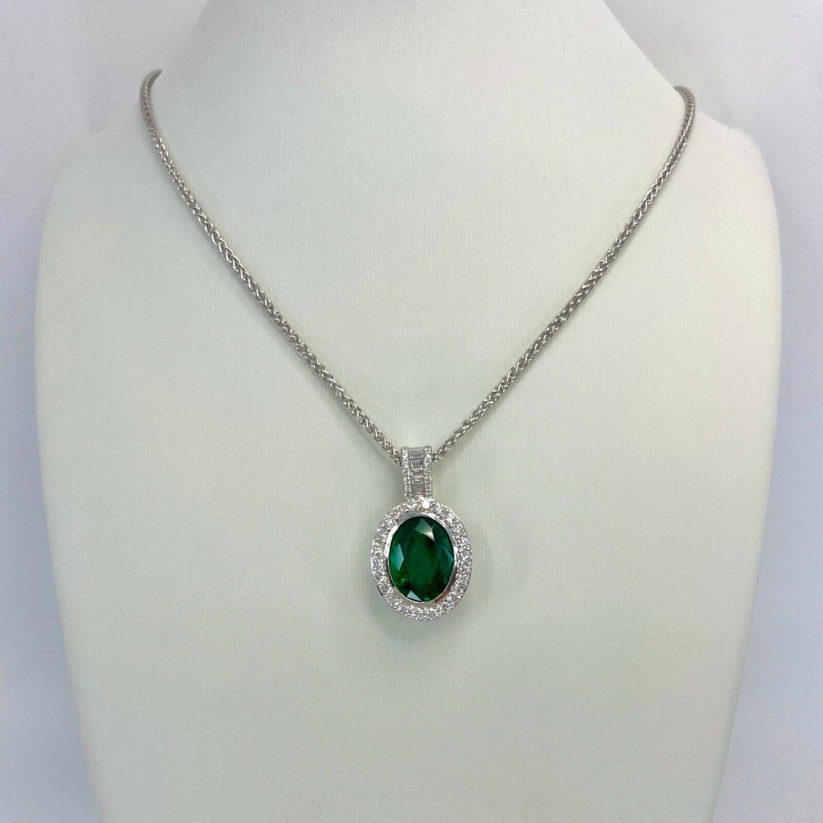 6.06ct GIA Certified Oval Cut Emerald & Diamond 18k White Gold Pendant Necklace — view 3