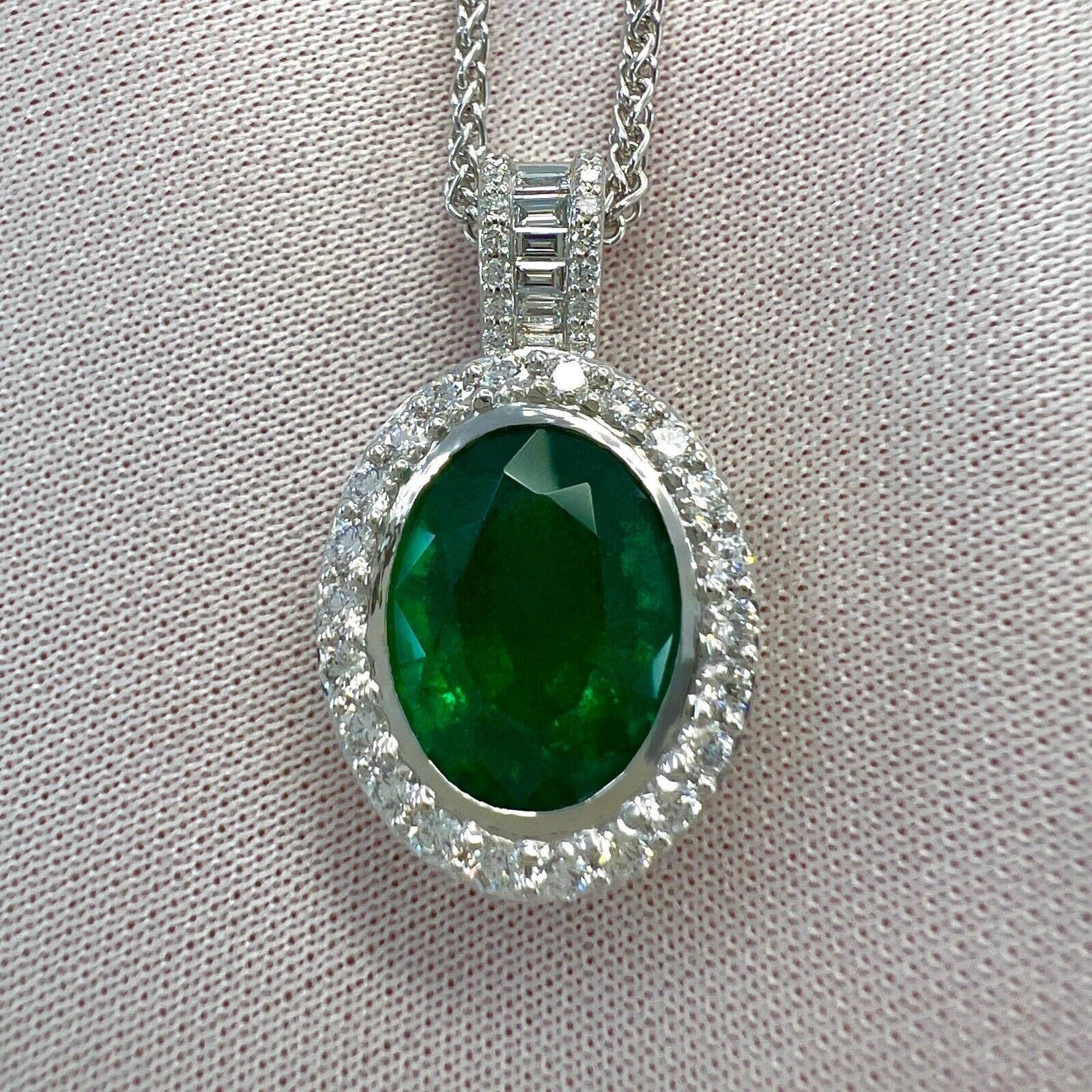 6.06ct GIA Certified Oval Cut Emerald & Diamond 18k White Gold Pendant Necklace — view 4