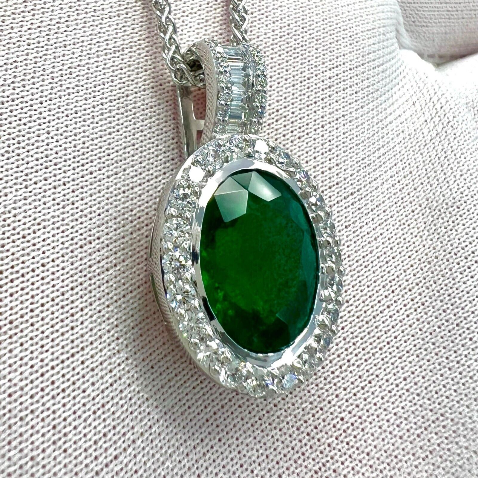 6.06ct GIA Certified Oval Cut Emerald & Diamond 18k White Gold Pendant Necklace — view 5
