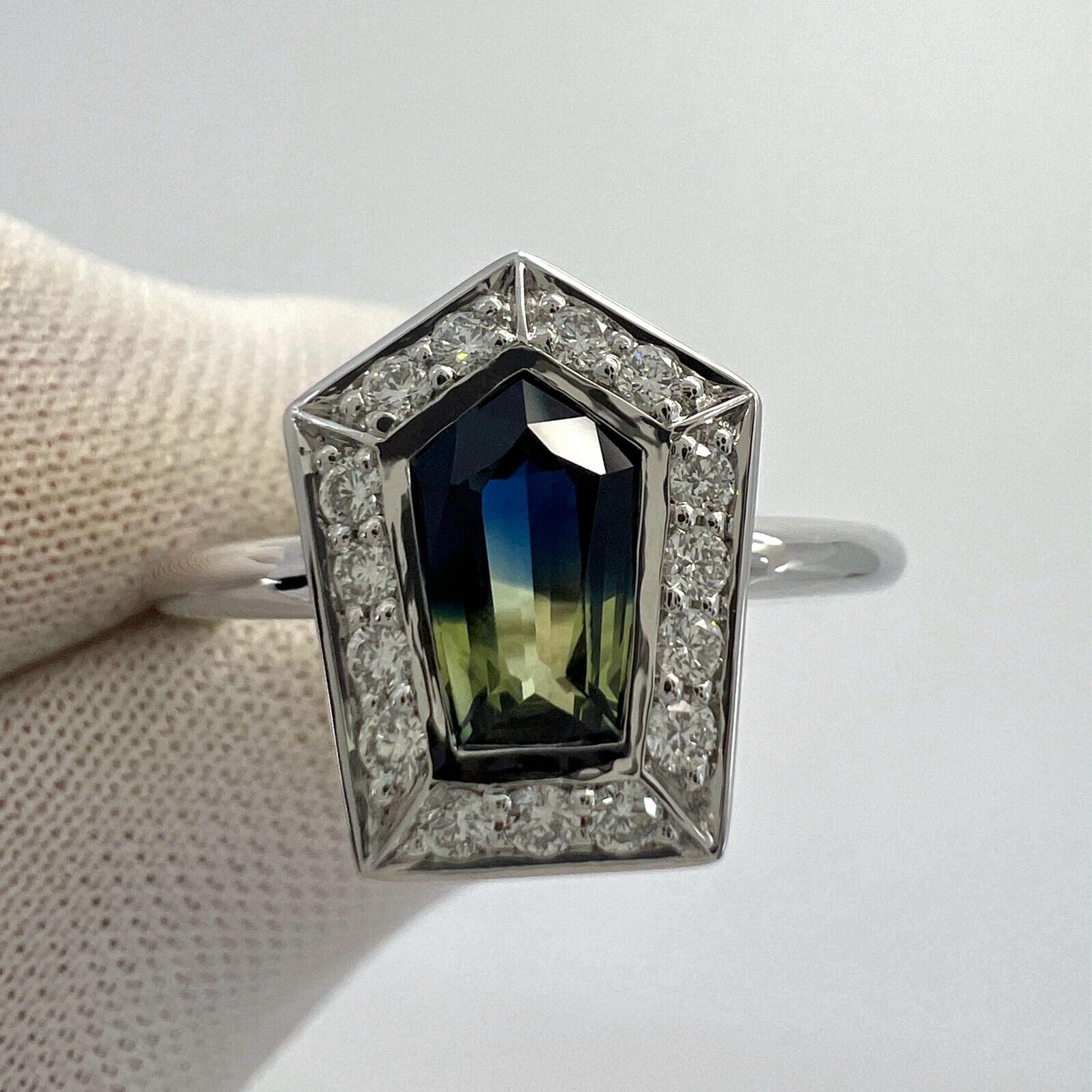 Certified Bi Colour Blue & Yellow Fancy Sapphire And Diamond 18k White Gold Ring — view 2