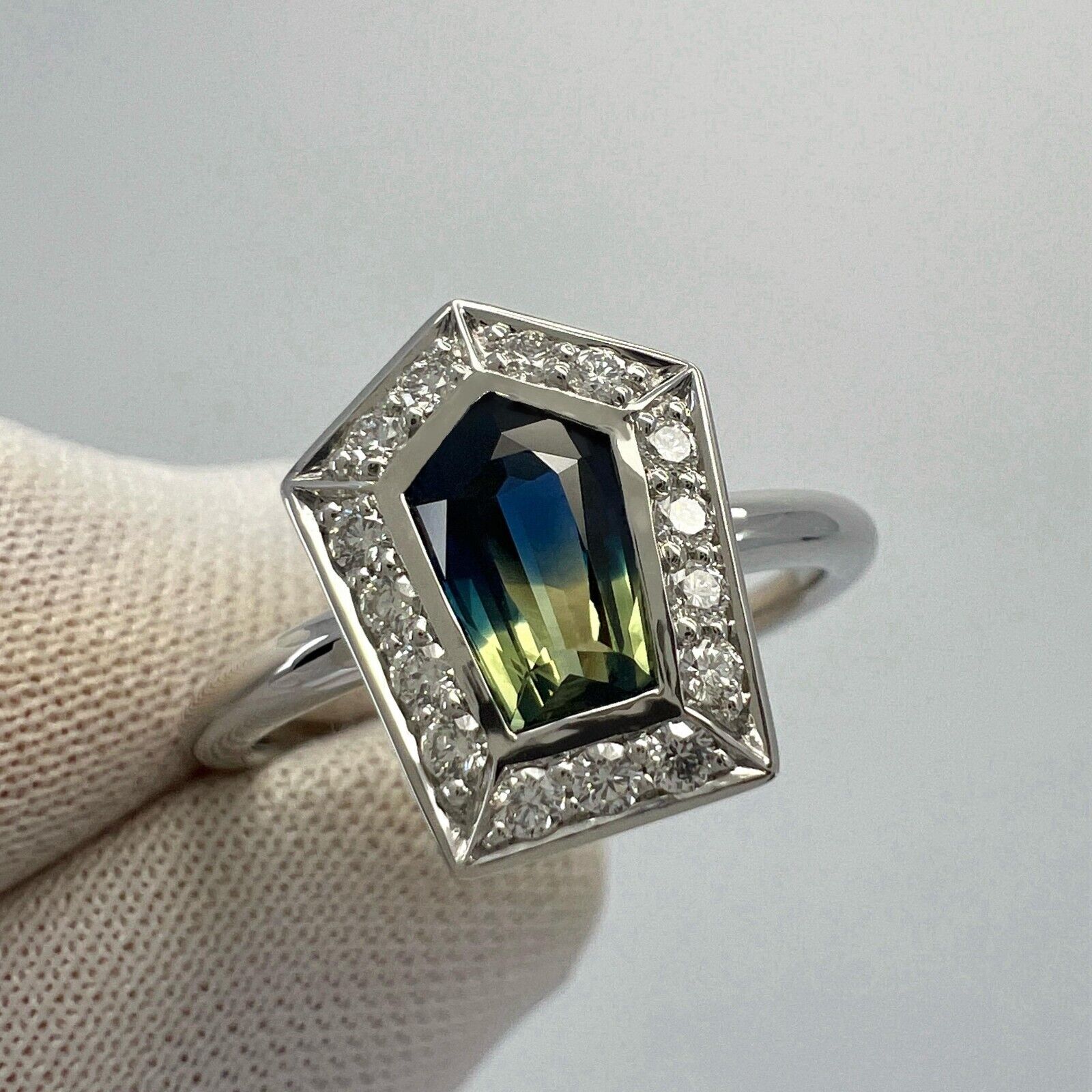 Certified Bi Colour Blue & Yellow Fancy Sapphire And Diamond 18k White Gold Ring — view 4