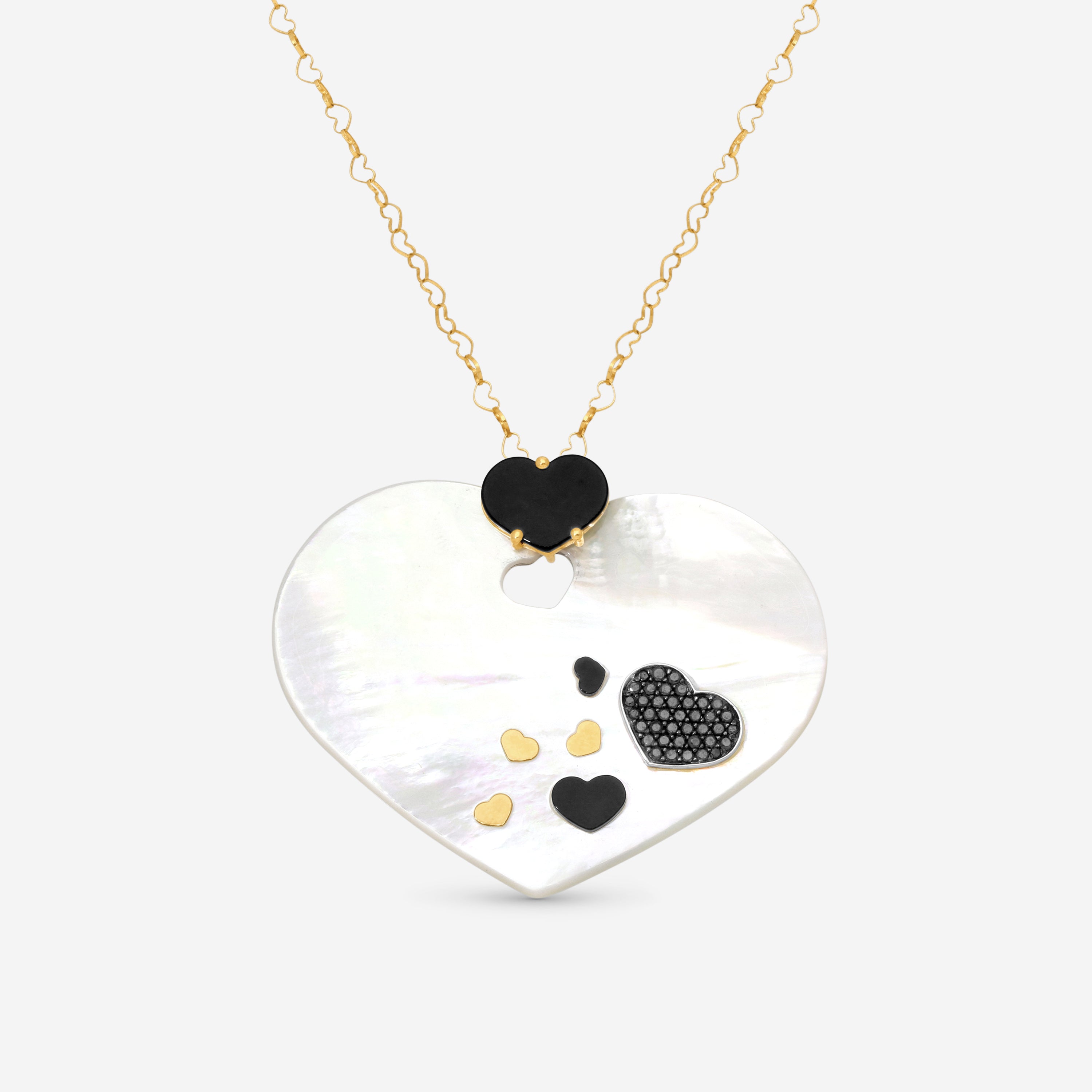 Nanis 18K Yellow Gold Black Diamond & Mother of Pearl Heart Pendant Necklace CS4-524