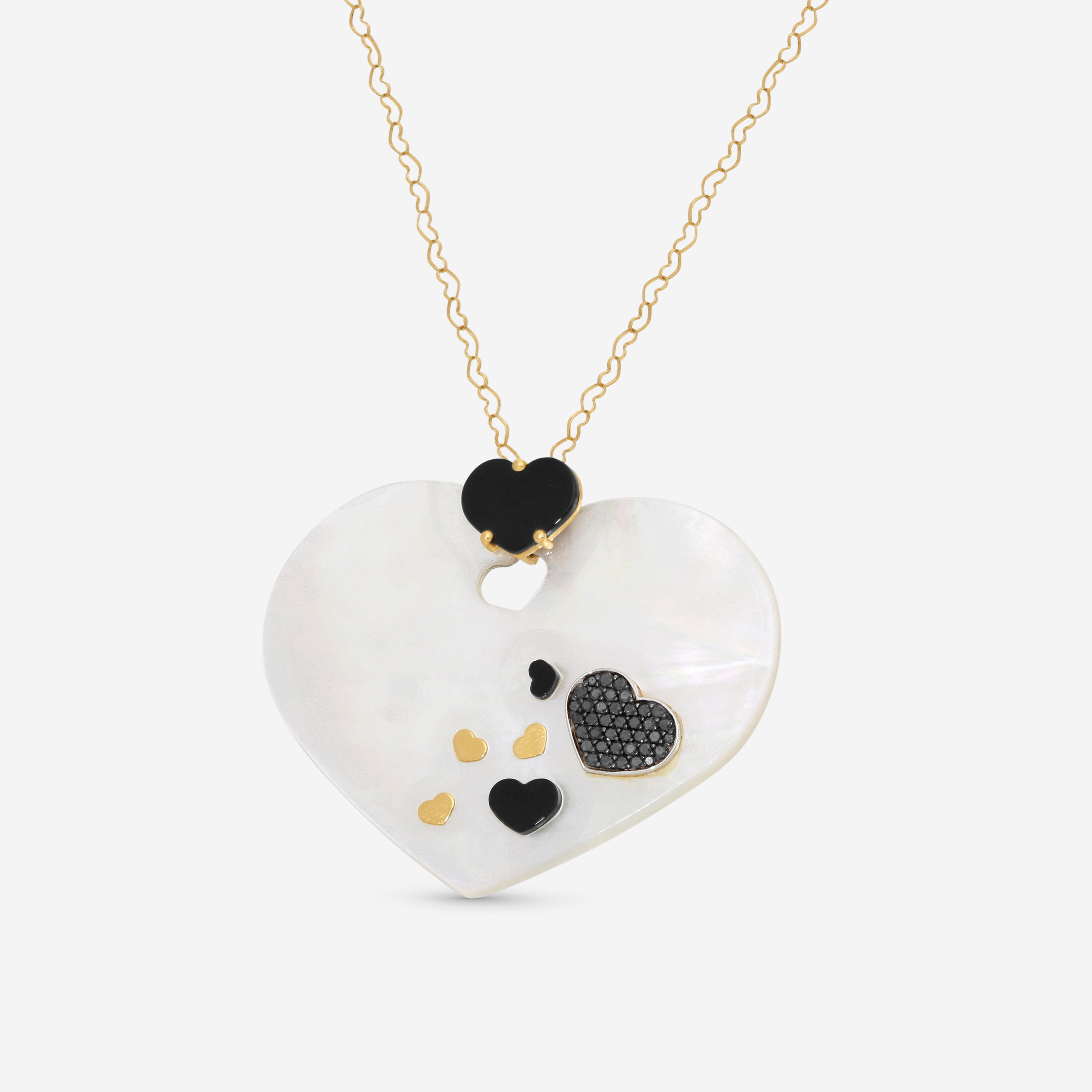 Nanis 18K Yellow Gold Black Diamond & Mother of Pearl Heart Pendant Necklace CS4-524 — view 3