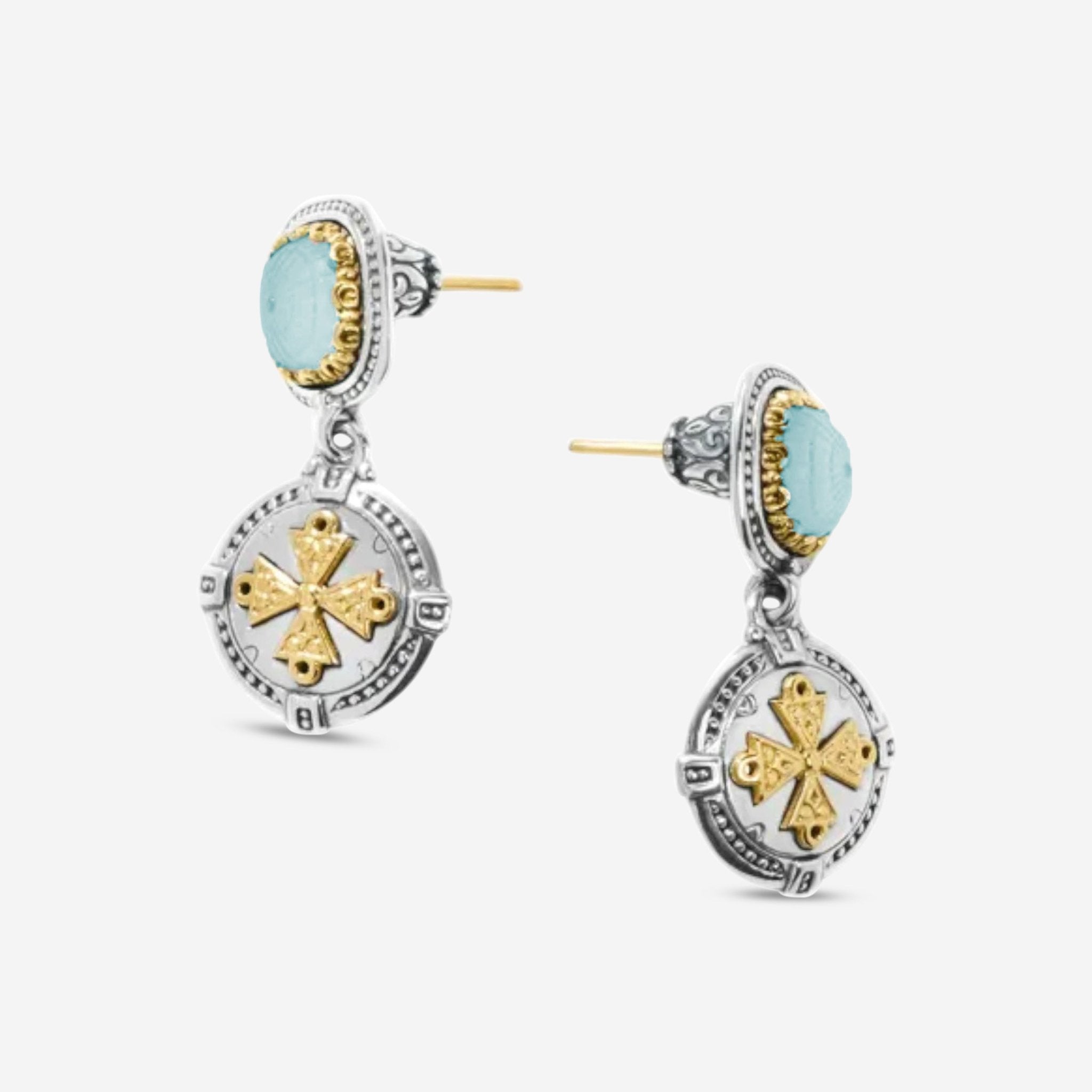 Konstantino Dome Sterling Silver & 18K Yellow Gold Mother of Pearl & Blue Spinel Drop Earrings SKKJ701-628 — view 2