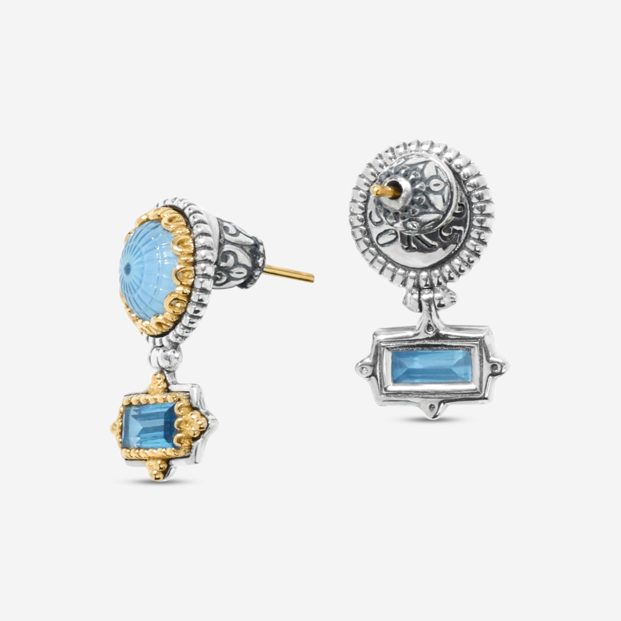 Konstantino Dome Sterling Silver & 18K Yellow Gold Mother of Pearl & Blue Spinel Earrings SKKJ702-629 — view 2